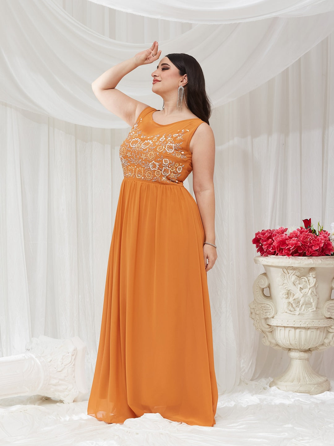 Dusty Orange Boat Neck Sleeveless Embroidered Georgette Gathered Maxi Dress for Women
