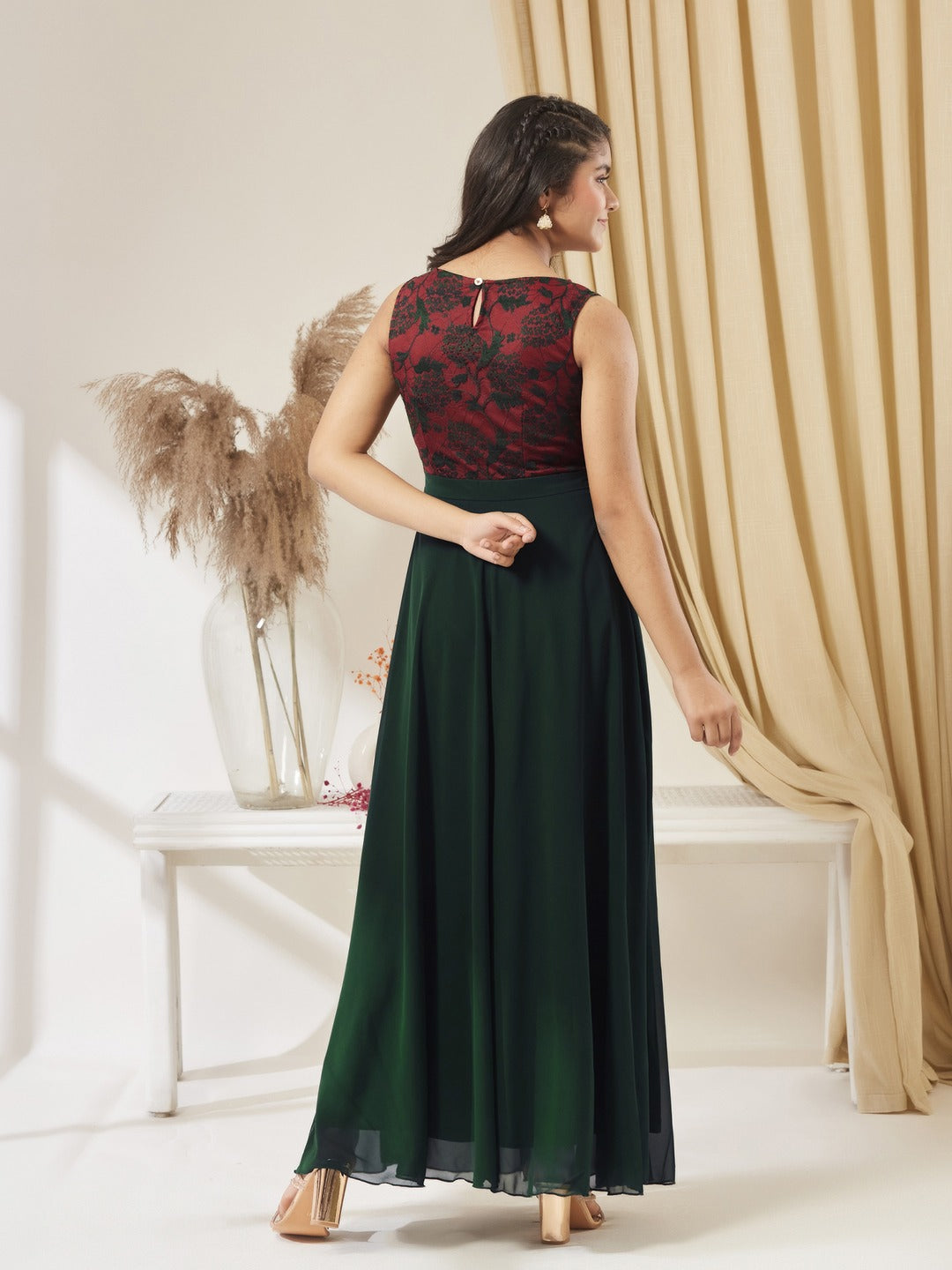 Dark Green Round Neck Sleeveless Georgette Floral Lace Fit & Flare Maxi Dress for Girls/Teenagers