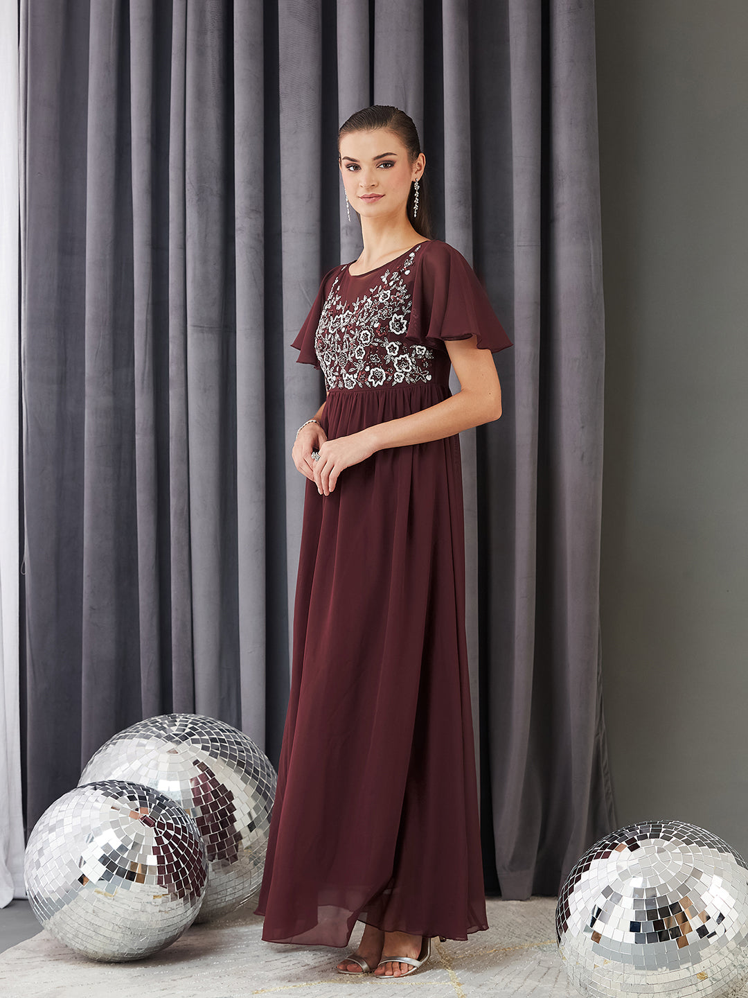 Women's Wine Boat Neck Half Sleeve Solid Embellished Georgette Maxi Dress
