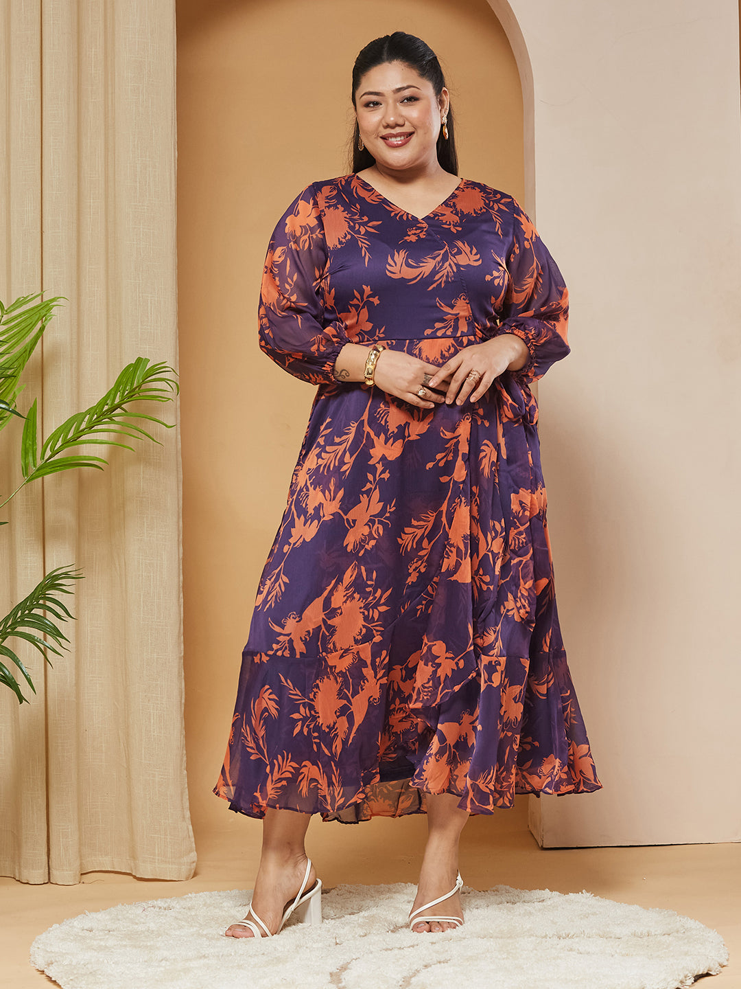Multicolored-Base-Purple V-Neck Three-Quarter-Sleeves Floral Wrap Chiffon Midi Dress for Women