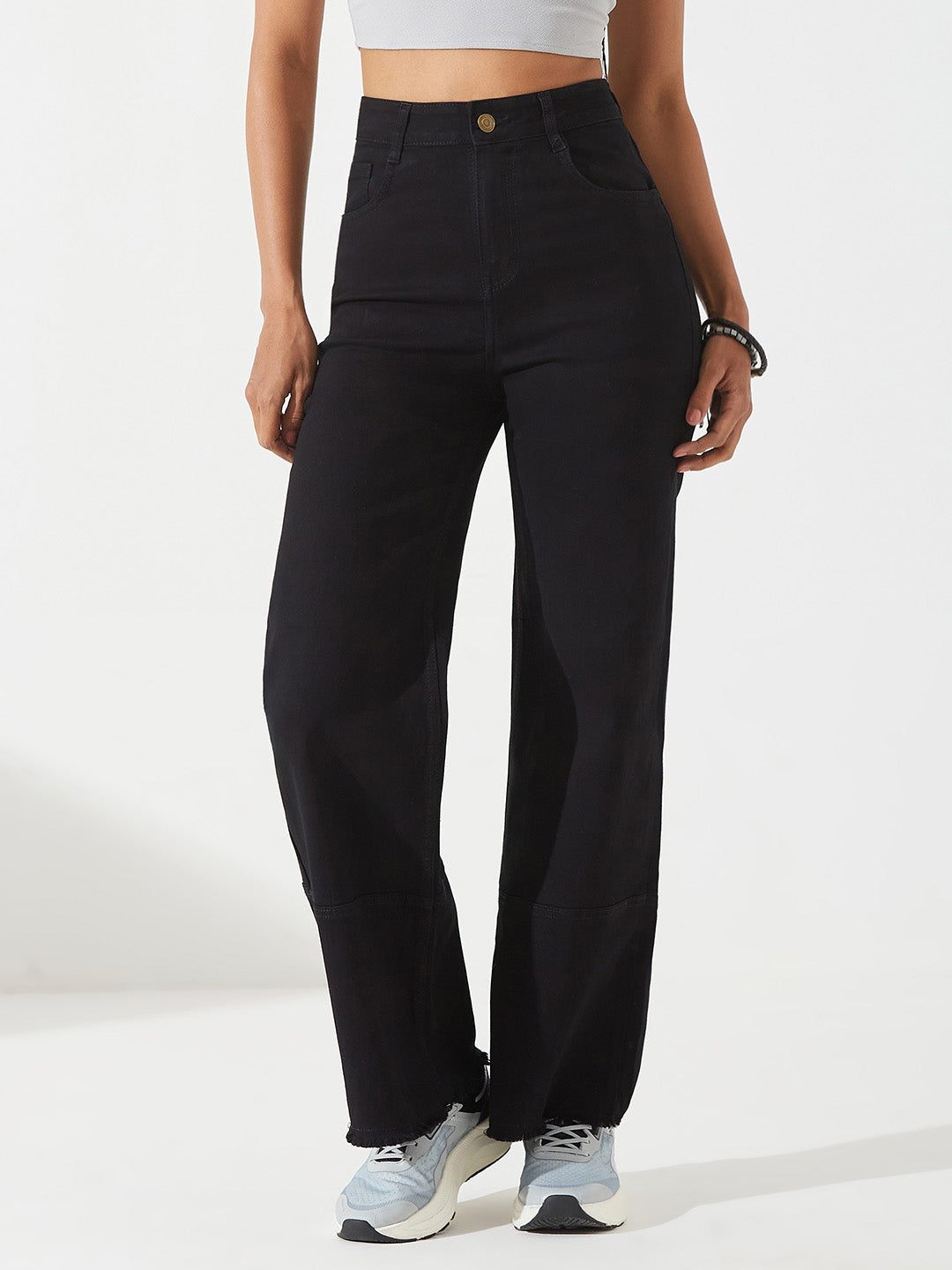 Black Wide-Leg High-Rise Stretchable Denim Jeans for Women