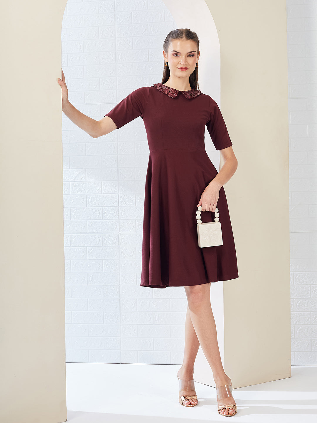 Wine Red Collared Round Neck Half Sleeve Solid Knee-Long Skater Dress for Women