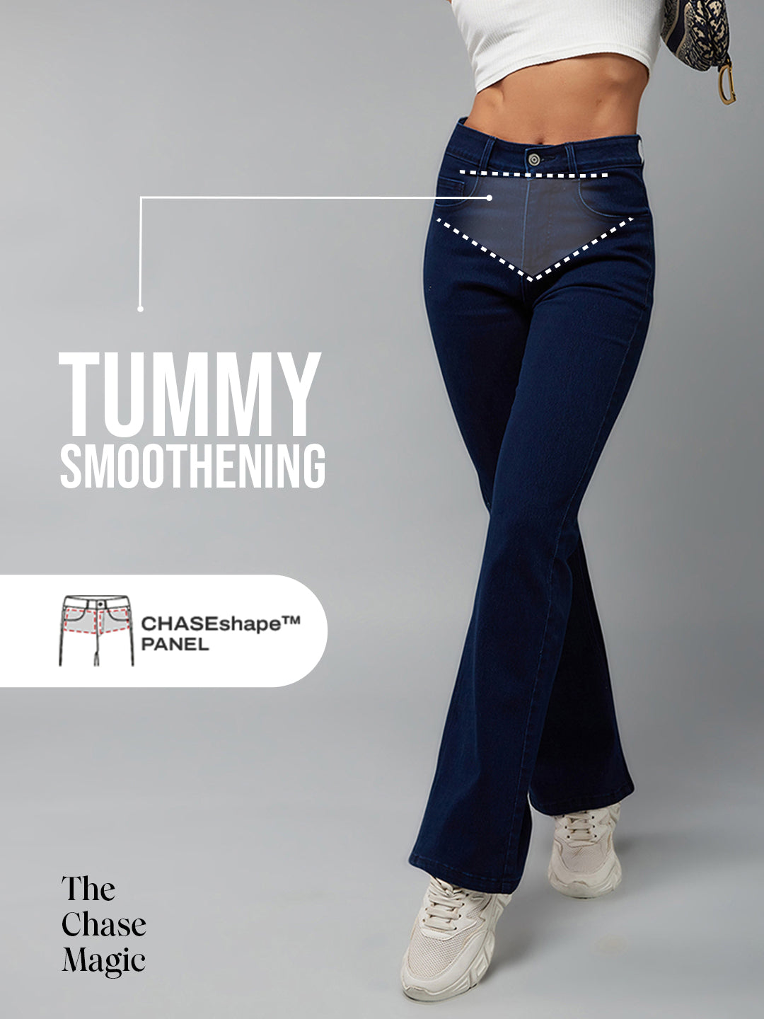 Tummy Smoothening Light-Shaping Bootcut High-Rise Navy Blue Denim Jeans