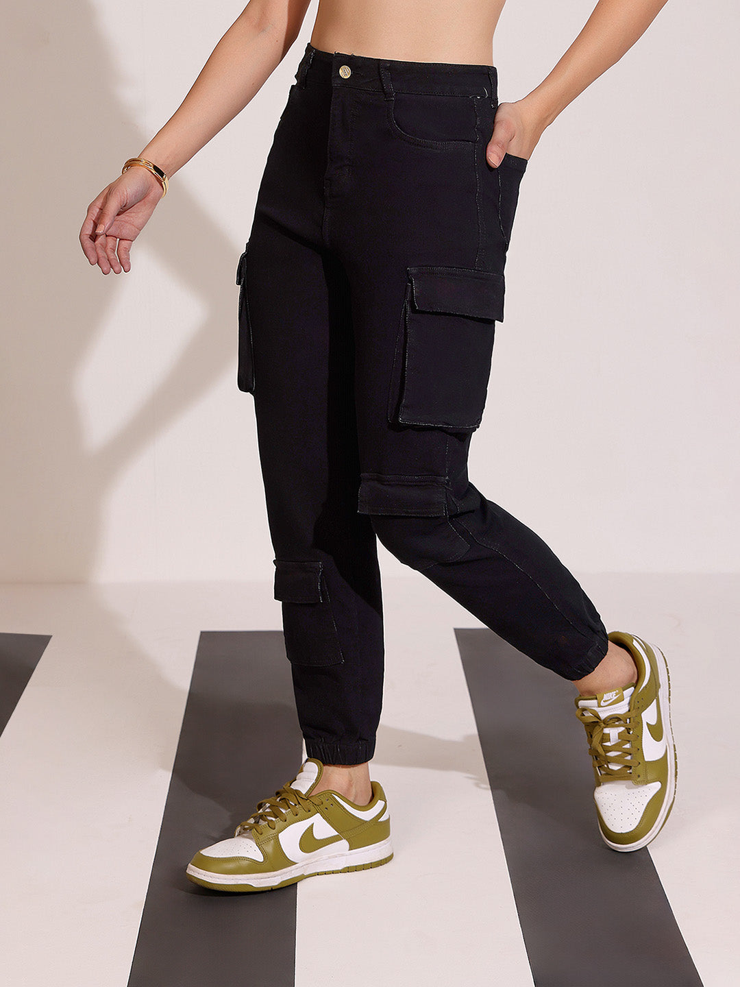Black Regular High-Rise Clean-Look Regular Stretchable Denim Joggers for Women