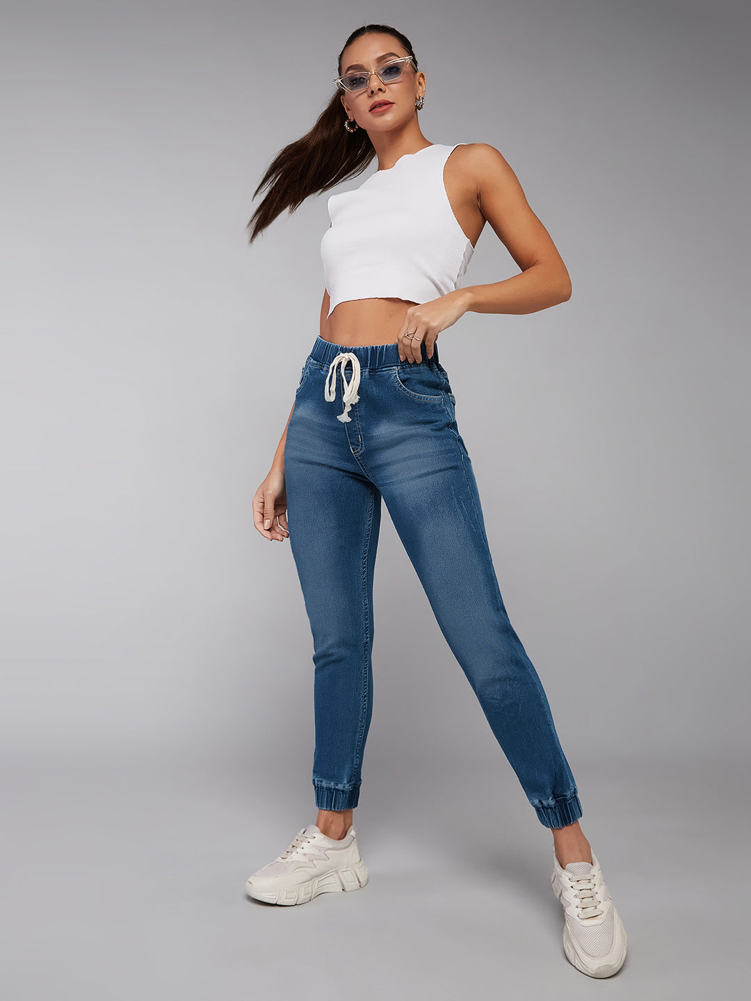 24/7 Comfort Navy Blue Relaxed Fit Mid Rise Scraped Denim Stretchable Jogger Pants