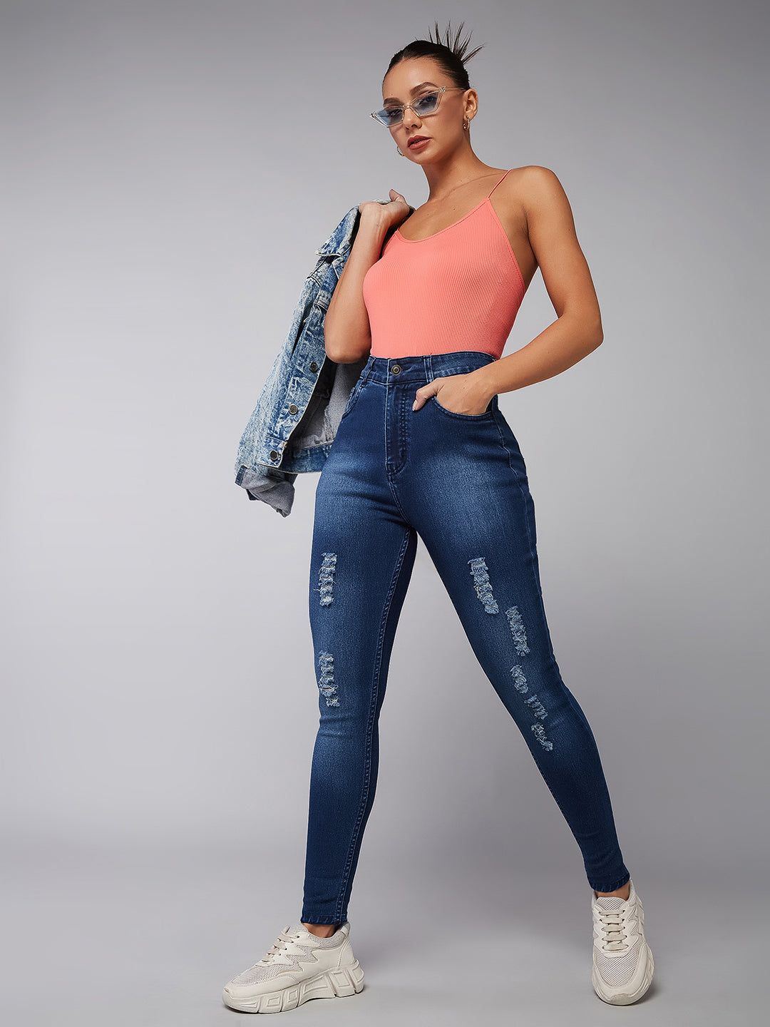 24/7 Comfort Blue Skinny-Fit Mid-Rise Midly-Distressed Ripped Denim Jeans