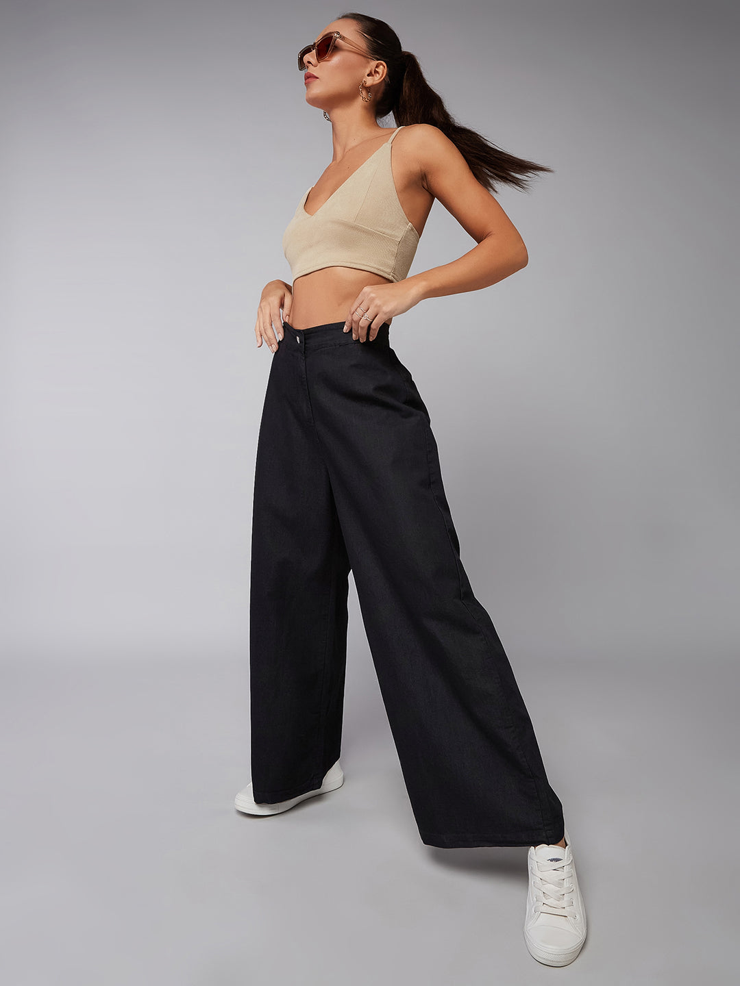 Women's Black Wide-Leg High-Rise Light Weight Clean-Look Regular Length Light Weight Denim Pants