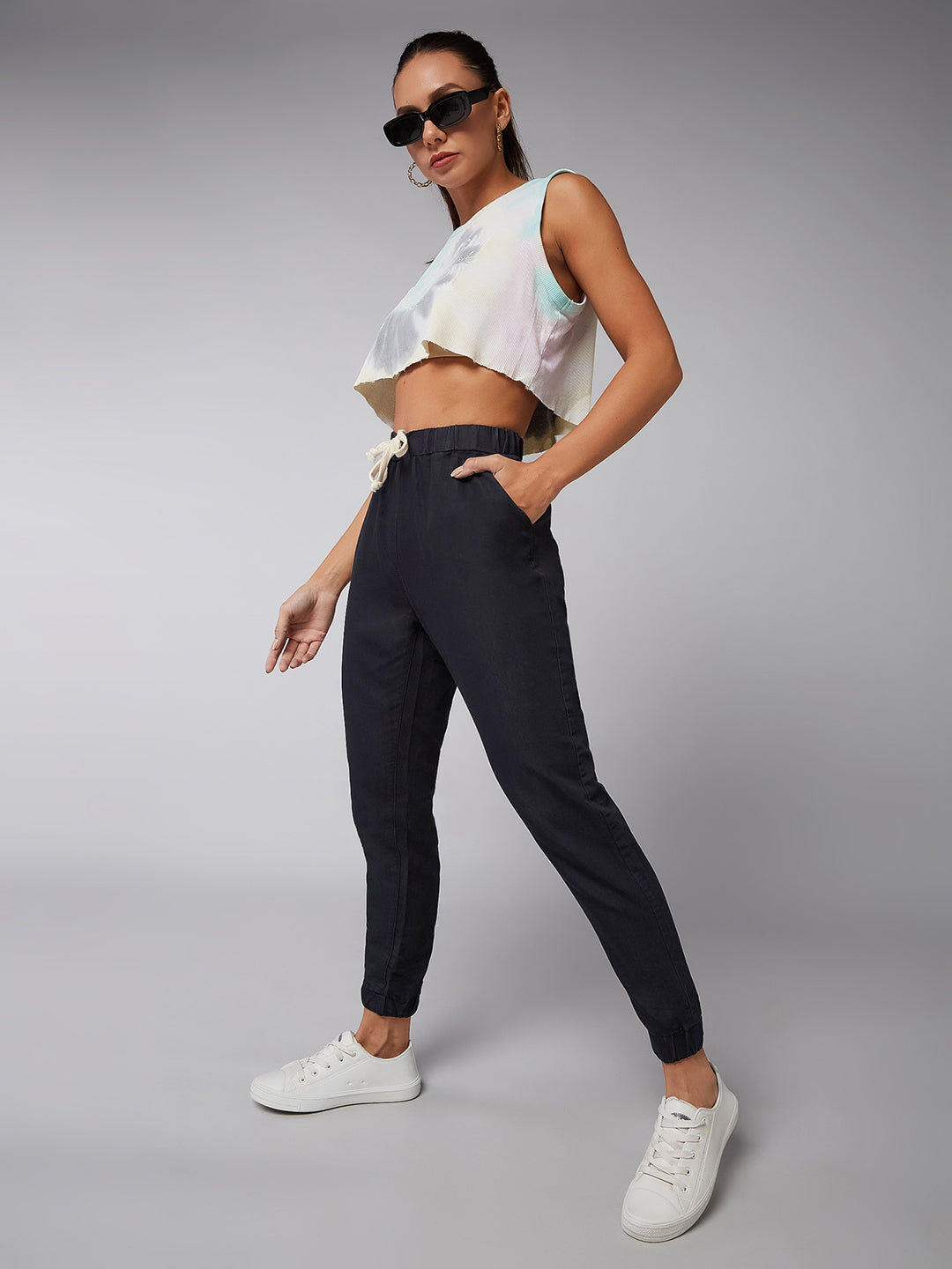 Black Mid-Rise Denim Joggers for Women
