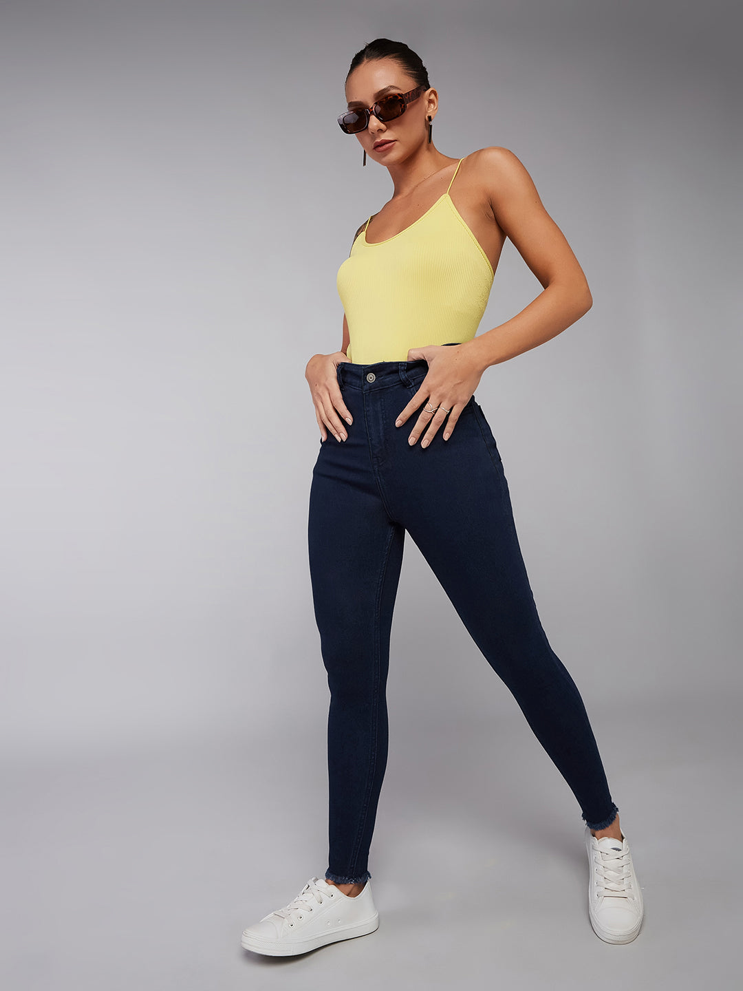CHASEstretch™ Navy-Blue Skinny High-Rise Solid Fringed Hemline Denim Jeans