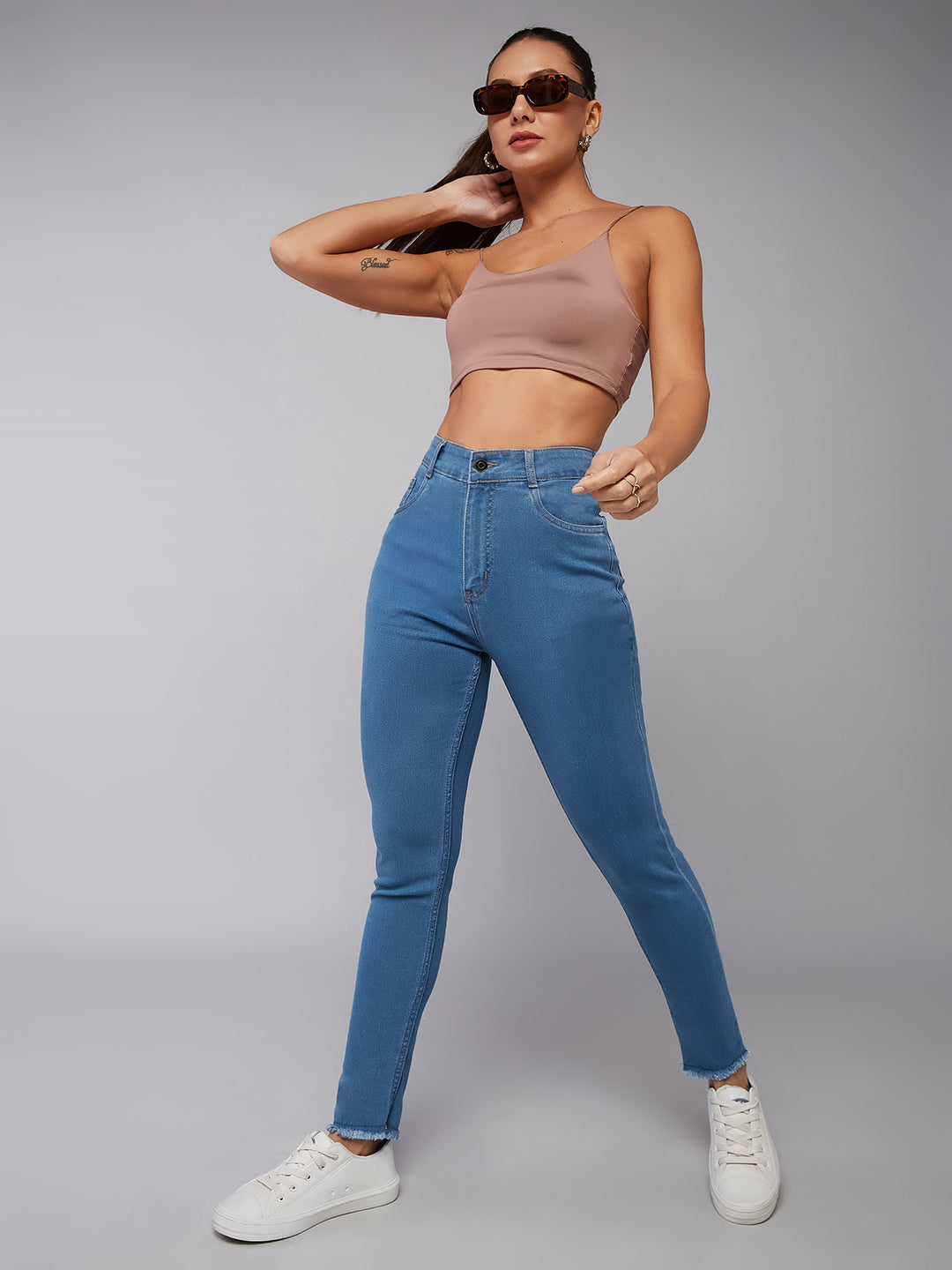 CHASEstretch™ Blue Skinny High-Rise Cropped-Length Fringe Denim Jeans