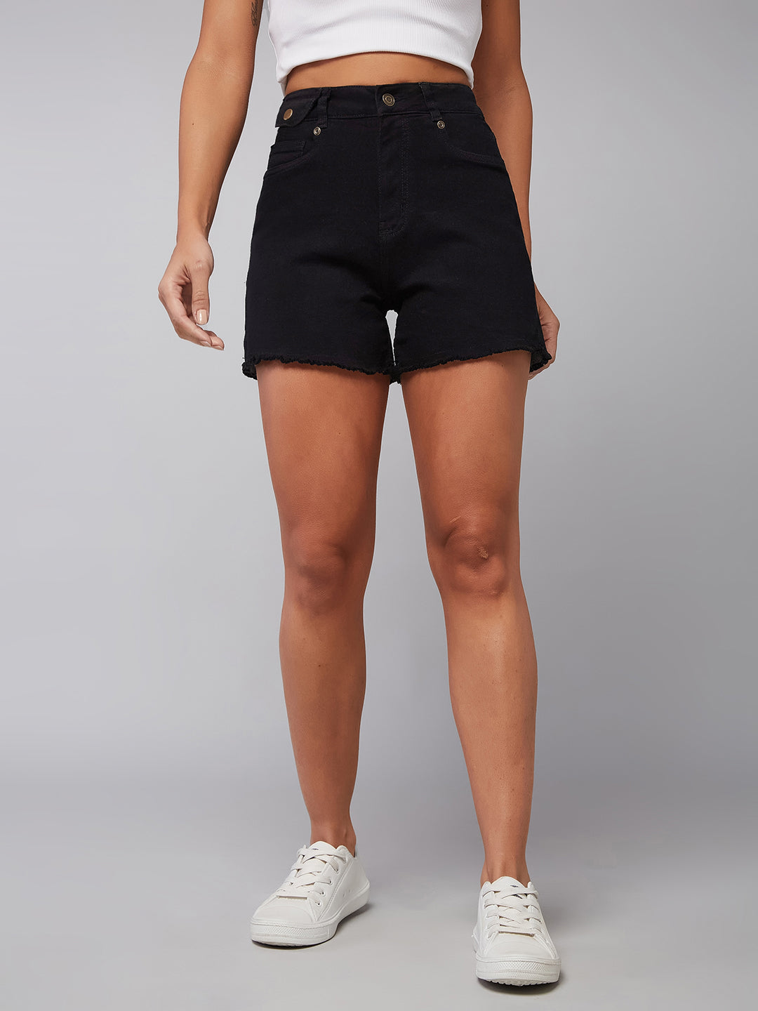 Women's Black Relaxed Fit High Rise Clean Look Regular Length Stretchable Denim Shorts