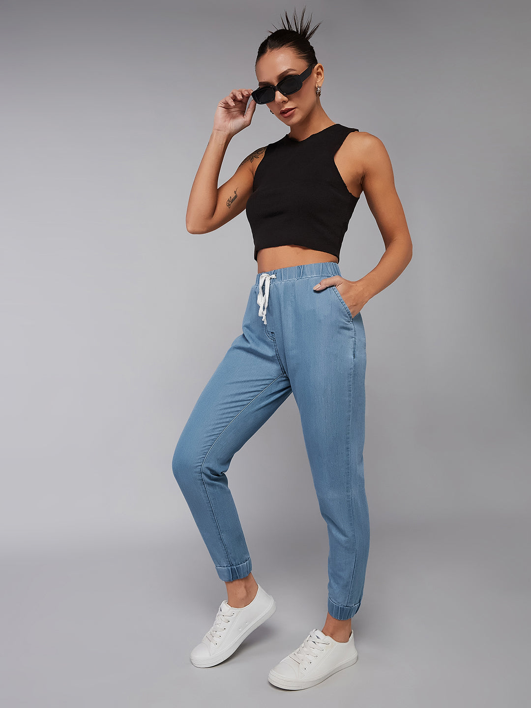 Blue Mid-Rise Non-Stretchable Denim Joggers for Women