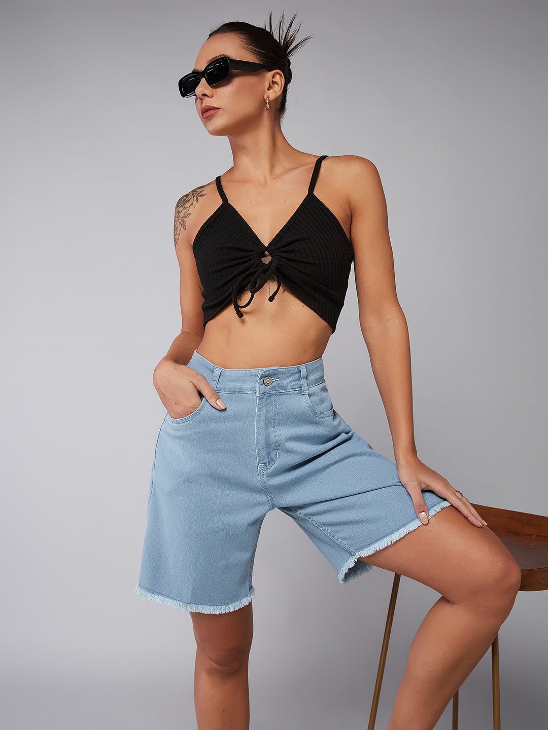 Light-Blue Regular High-Rise Clean-Look Above Knee Stretchable Denim Shorts for Women