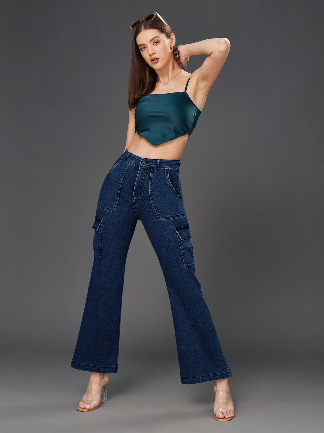 24/7 Comfort Blue Wide-Leg High-Rise Stretchable Denim Cargo Jeans