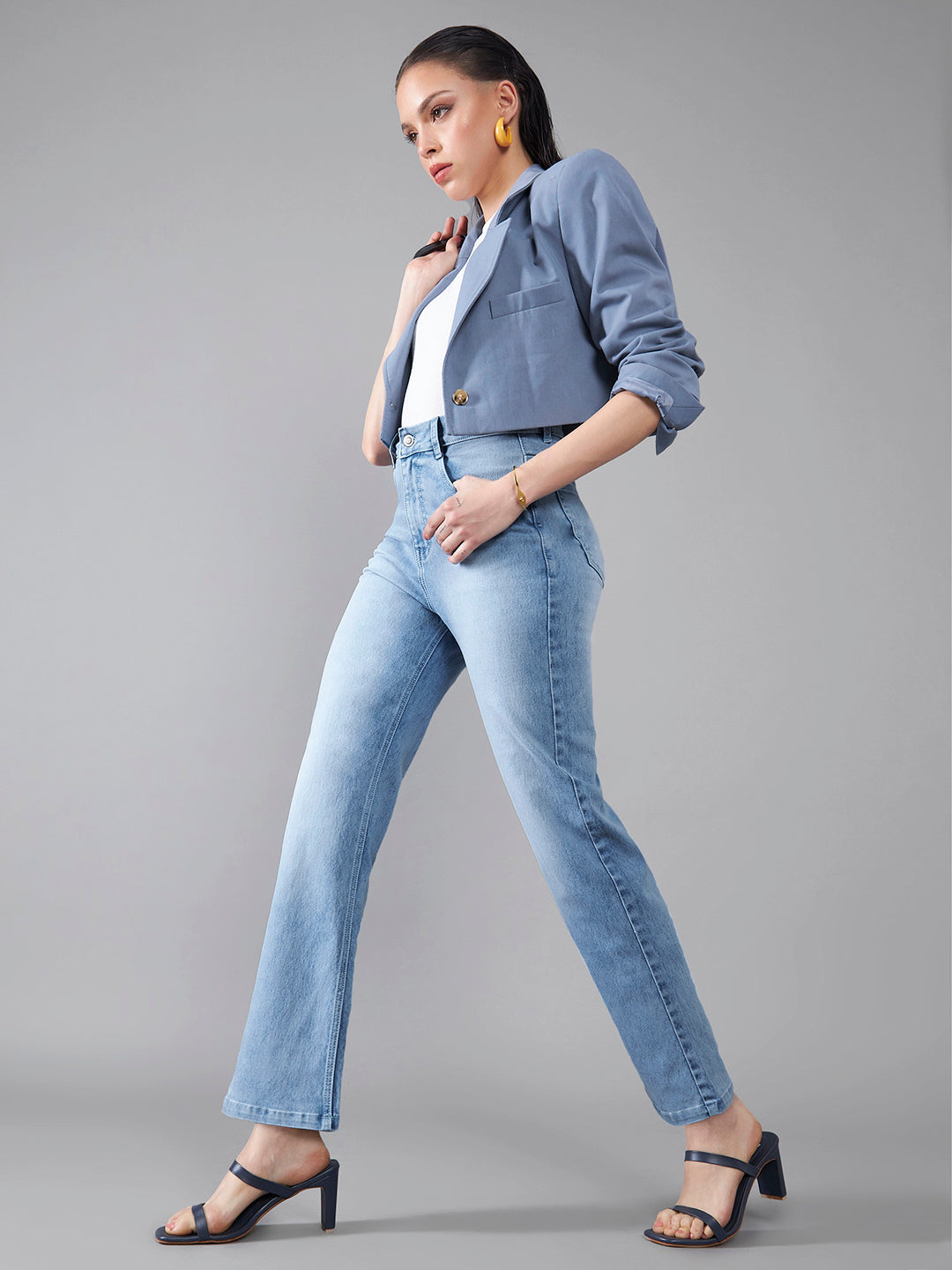 24/7 Comfort Light-Blue Wide-Leg Fit High-Rise Stretchable Denim Jeans for Women