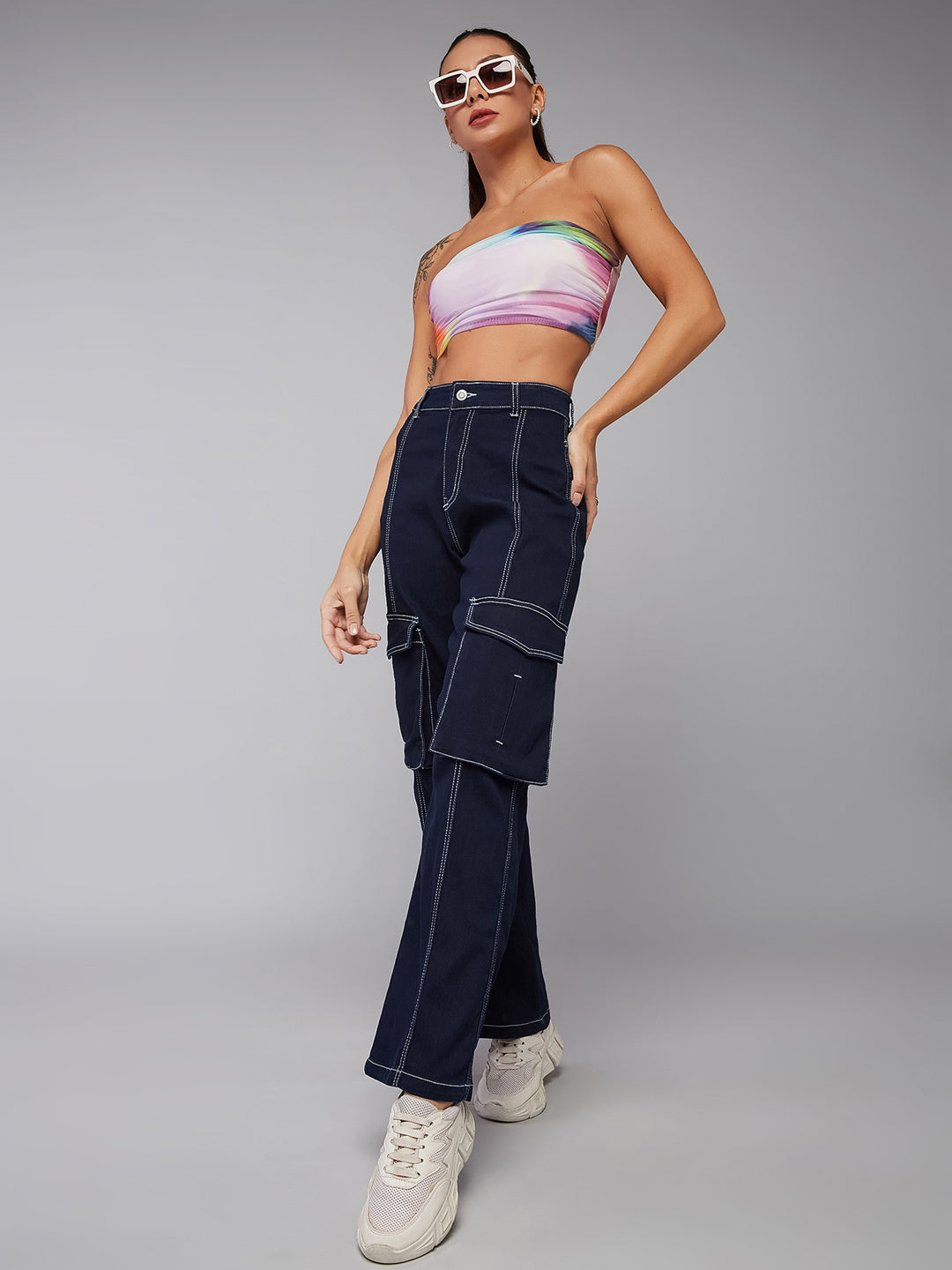 24/7 Comfort Navy-Blue Wide-Leg High-Rise Stretchable Denim Jeans