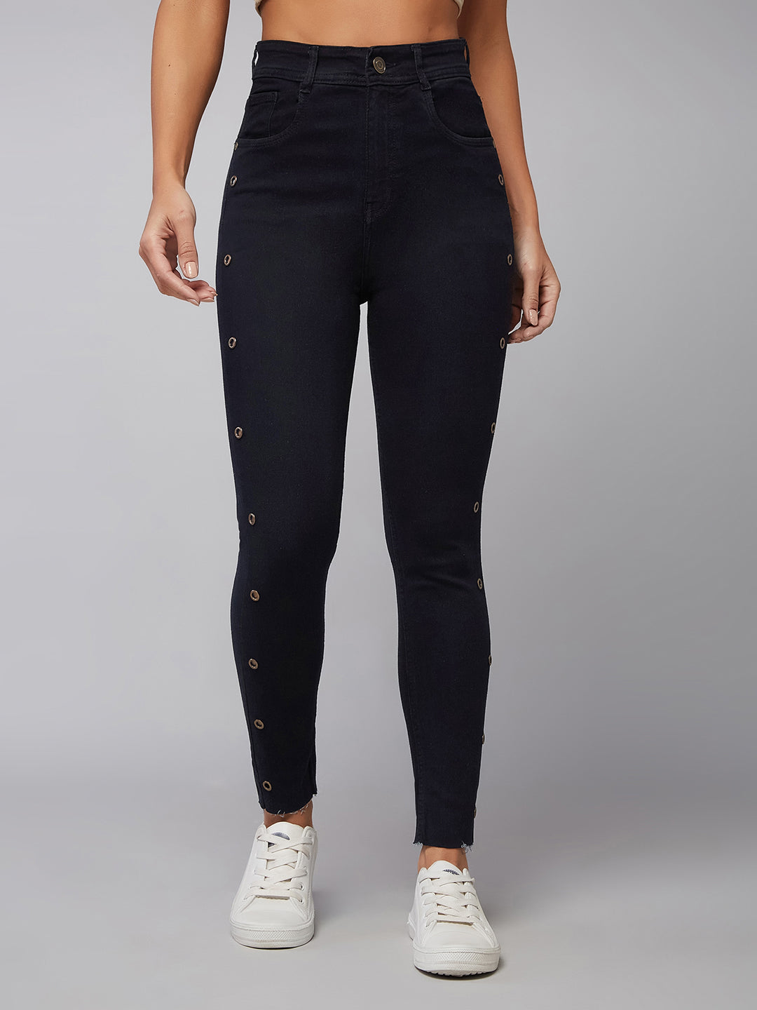 Women's Black Slim-Fit Cropped-Length Eyelet Detailing High-Rise Denim Jeans