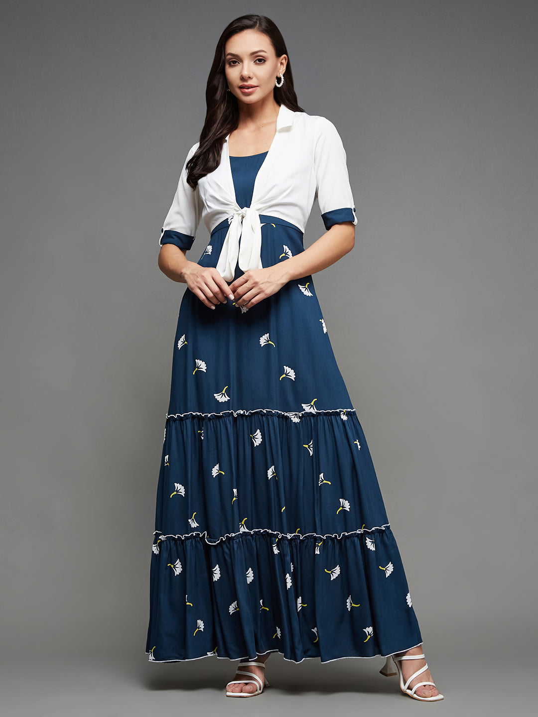 Women's Teal Shirt Collar Cuffed Sleeves Floral Viscose Rayon Shrug Tie-Up Maxi Dress