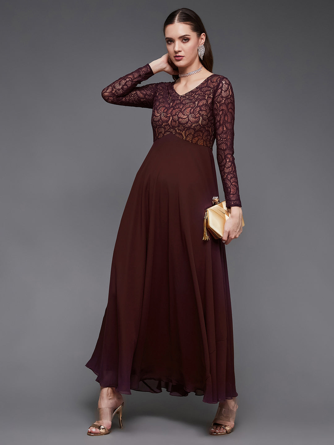 Women's Wine V-Neck Full Sleeve Self Design Lace-Overlaid Georgette Maxi Dress