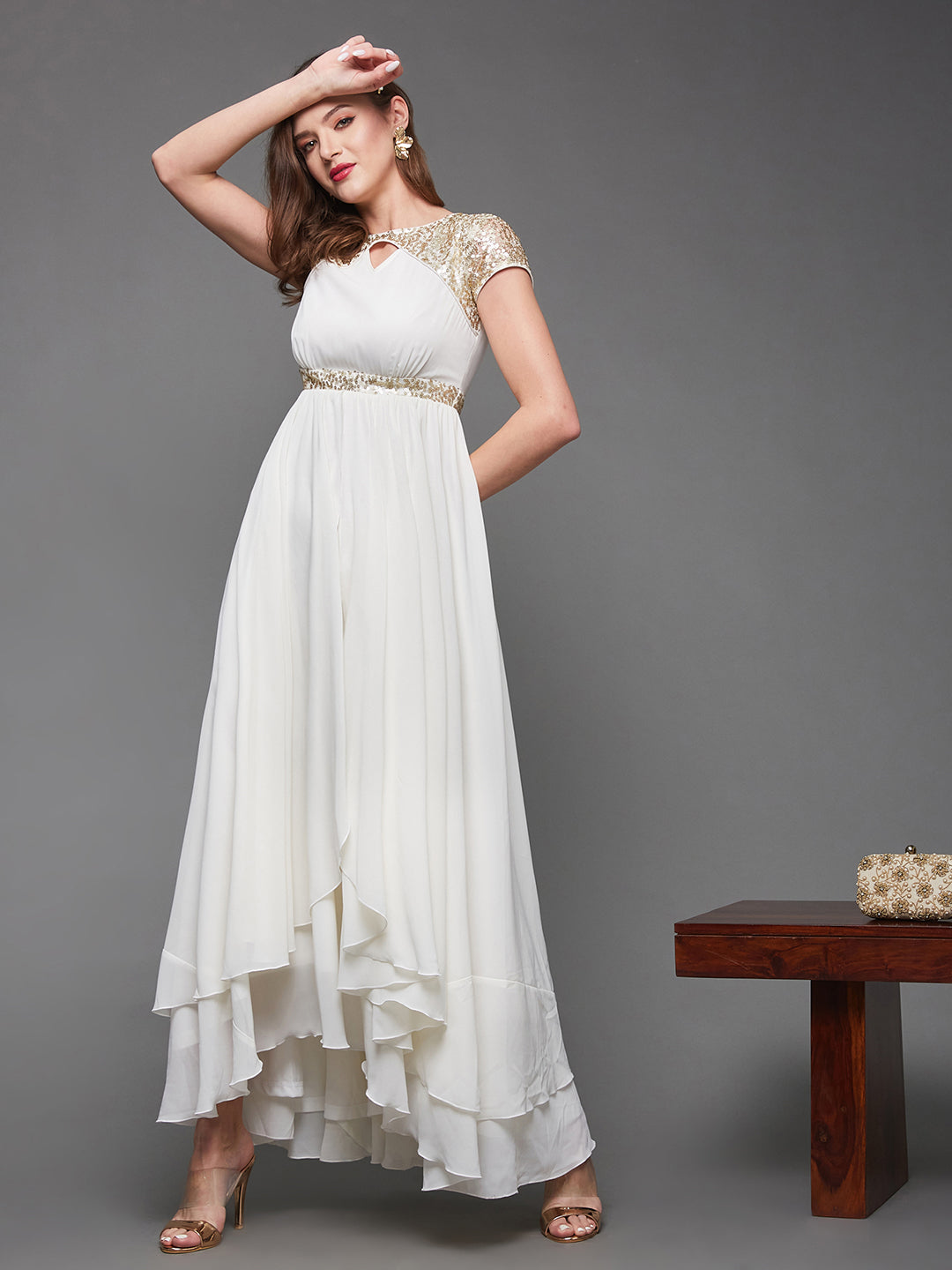 Women's Off White Short Sleeve Sequin Party Georgette Maxi Dress