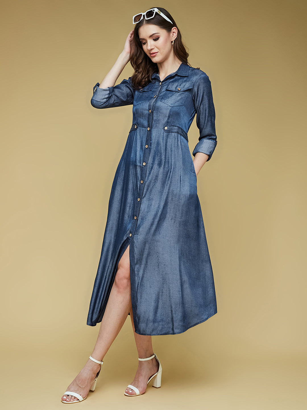 Blue Shirt Collar 3/4 Sleeve Solid Midi Polyester Shirt Dress for Wome