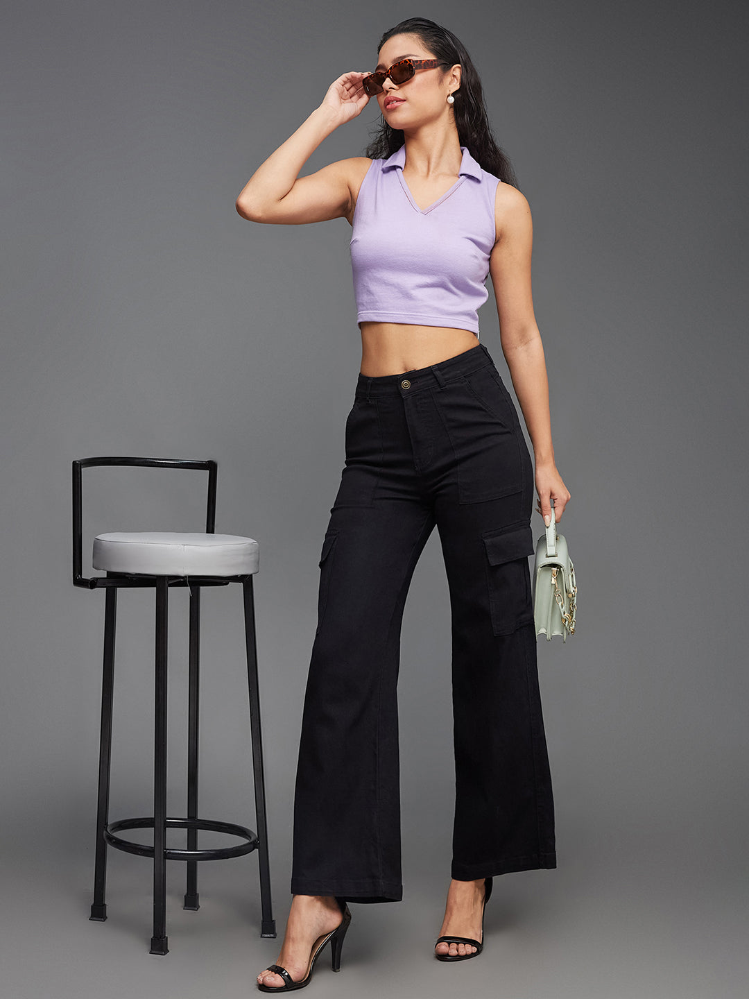 24/7 Comfort Black Wide-Leg High-Rise Stretchable Denim Cargo Jeans