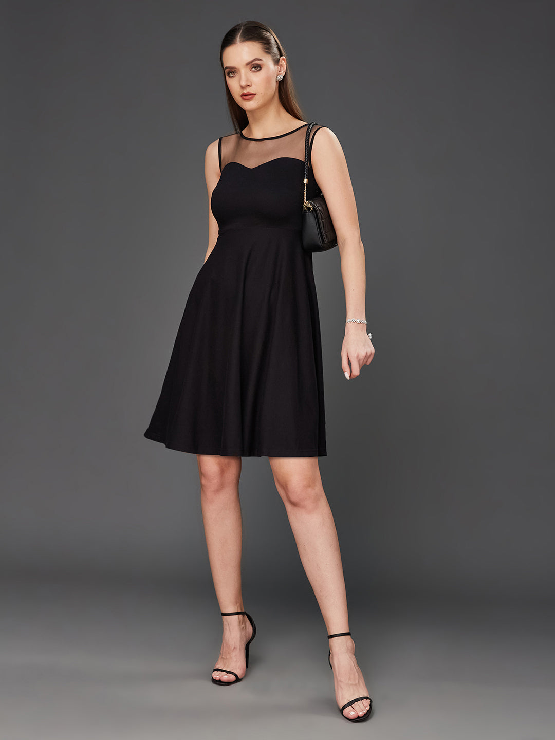 Women's Black Round Neck Sleeveless Back Cut Out Bow Mini Skater Dress