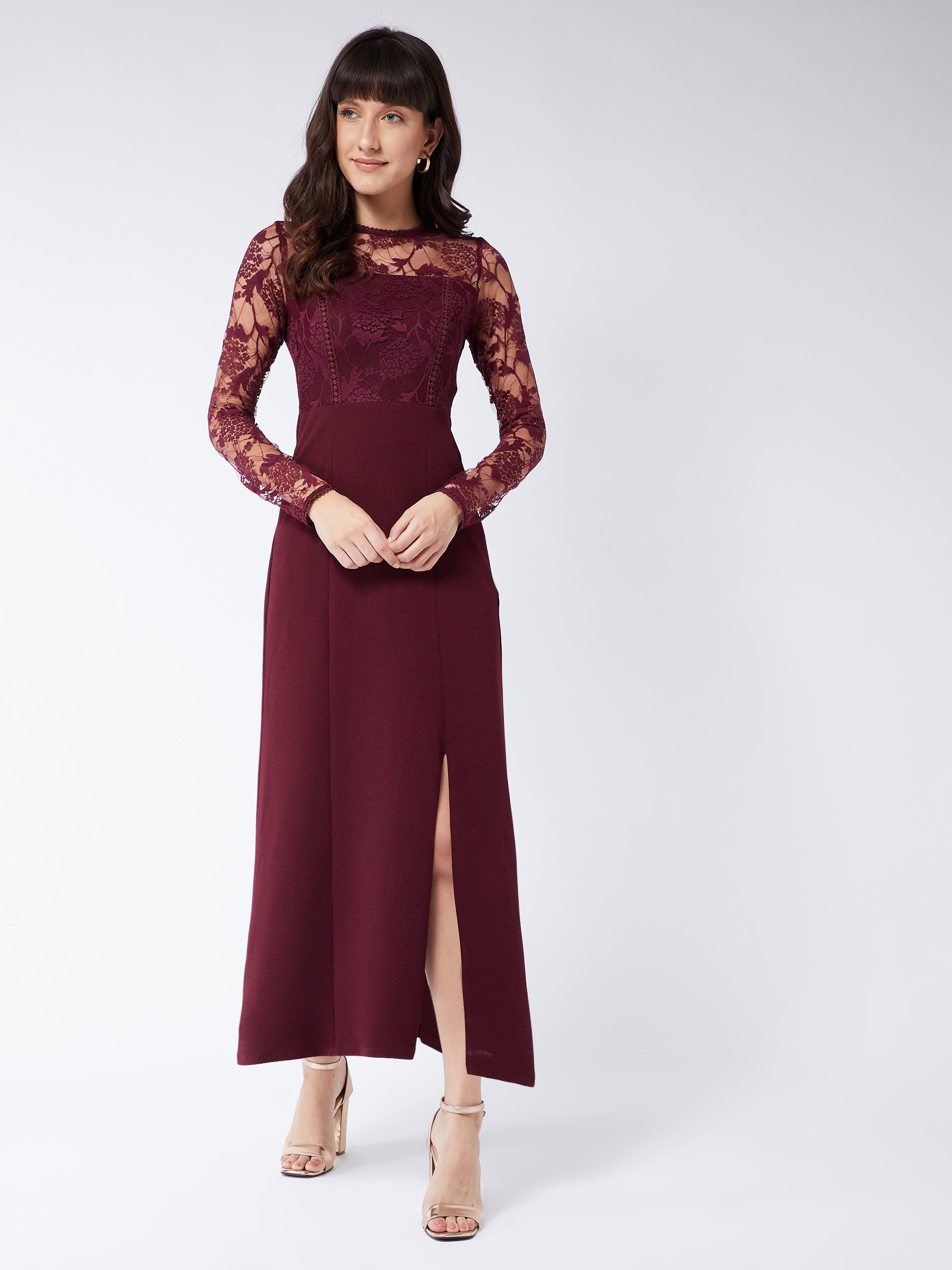 Red Floral Polyester Slim Fit Round Neck Full Sleeve Maxi Dress for Women
