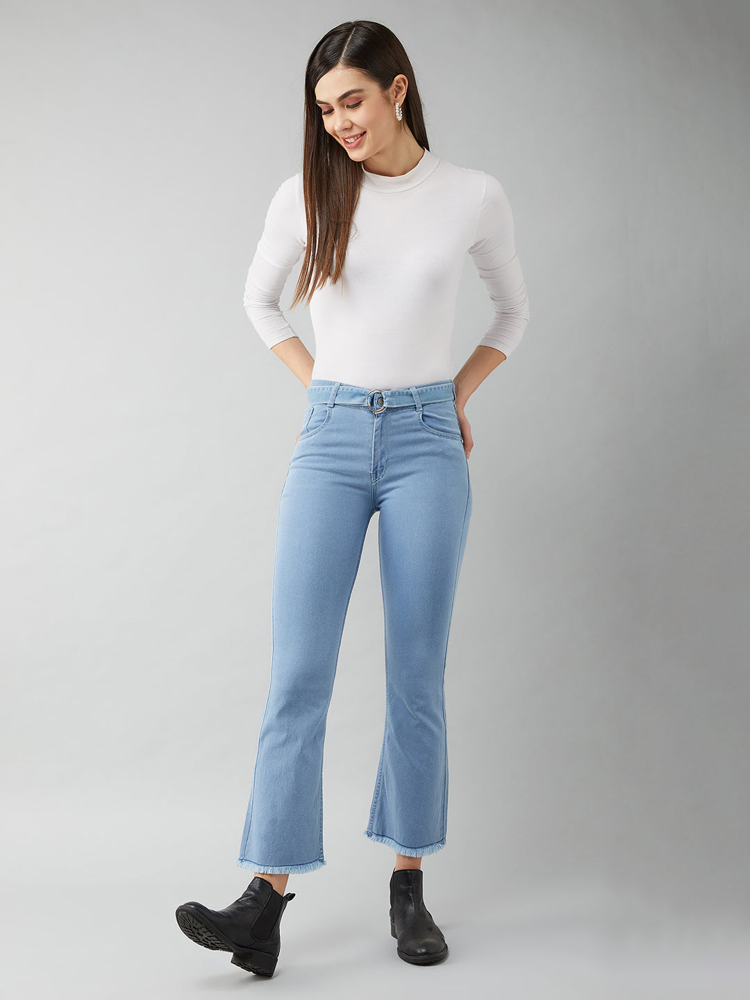 Light Blue Cotton Bootcut Cropped High Rise Stretchable Denim Jeans for Women