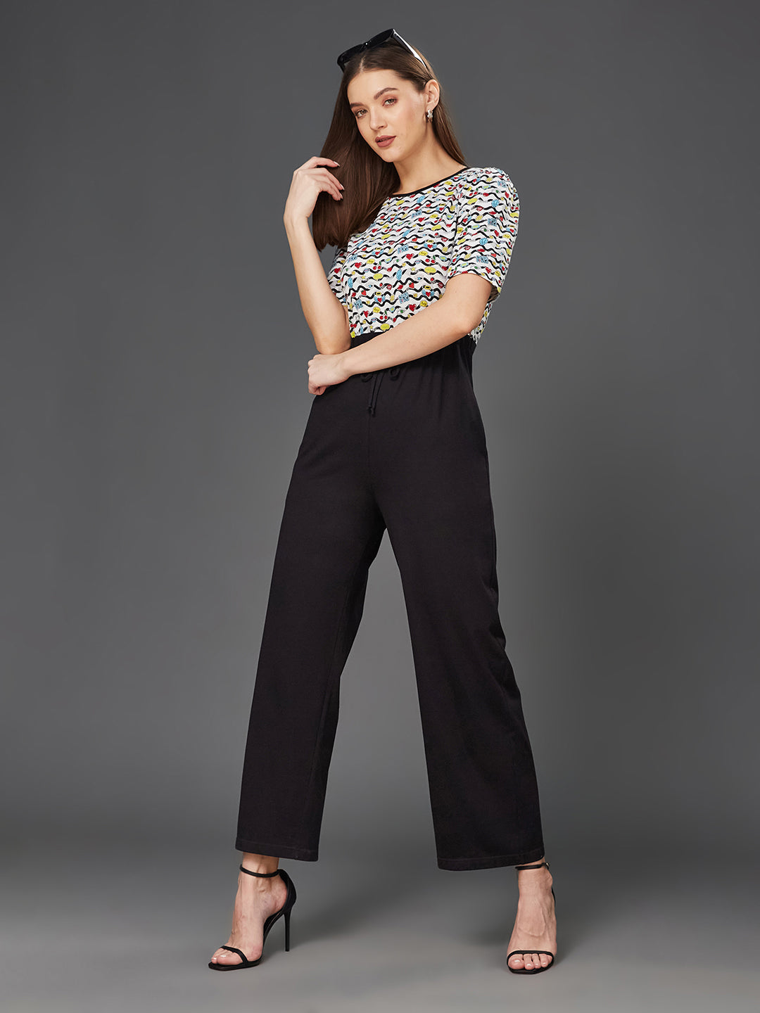 Women's Multicolored Round Neck Half Sleeve Conversational Waist Tie-Up Pure Cotton Regular-Length Jumpsuit
