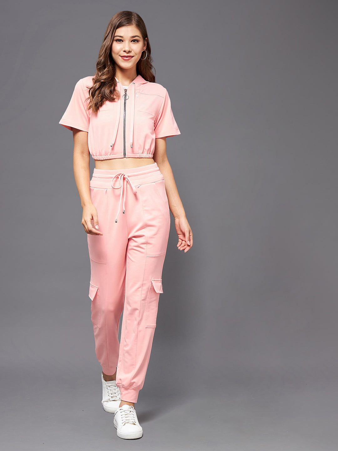 Women's Peach Round Short Polyester Solid Crop Regular Co-ord Set