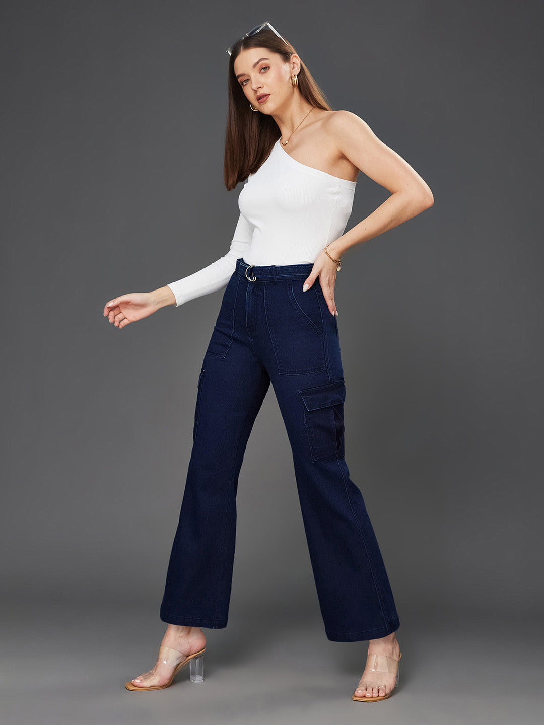 24/7 Comfort Navy Blue Wide-Leg High-Rise Clean-Look Regular Stretchable Cargo Denim Jeans