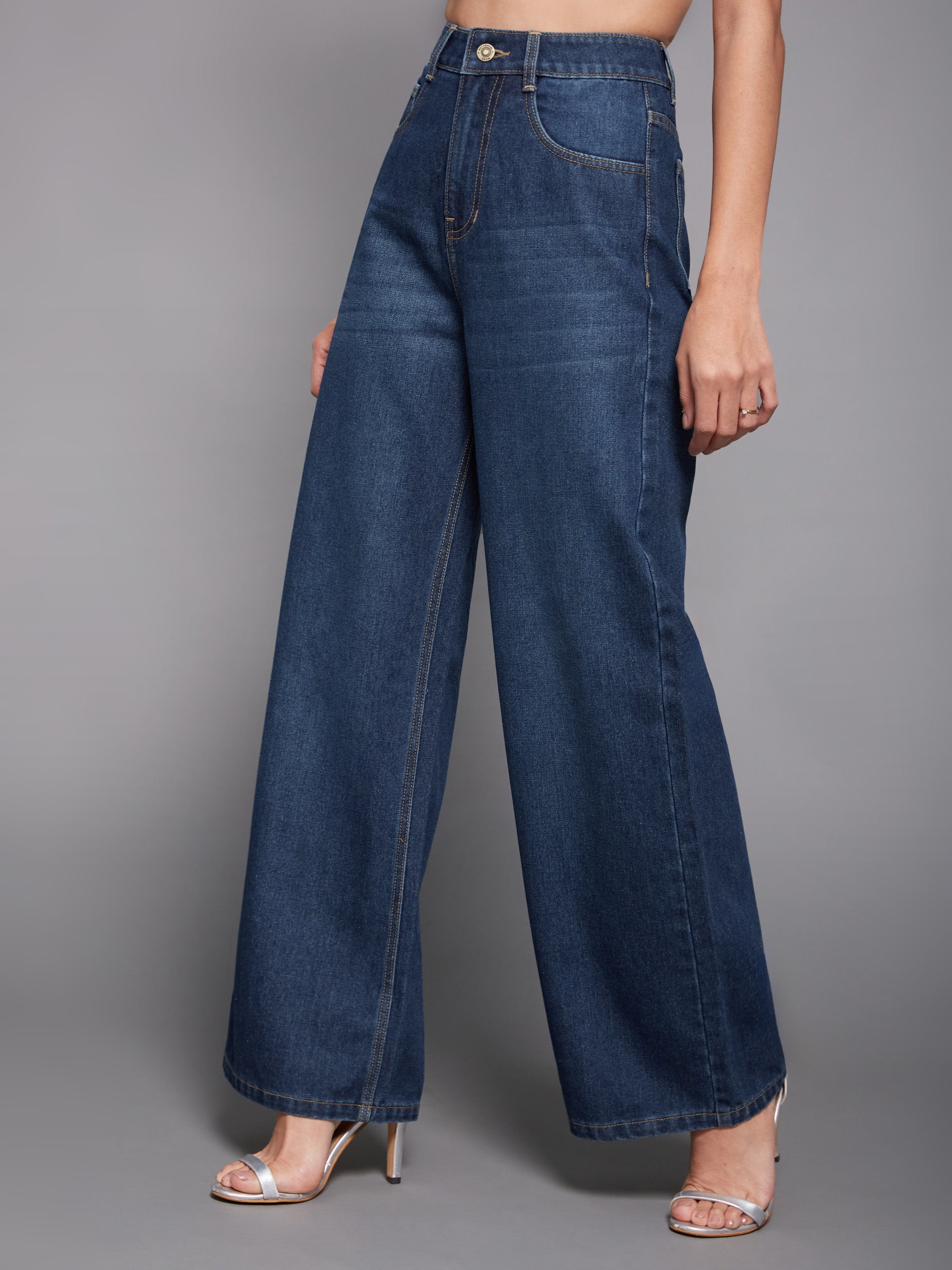 Women's Navy-Blue Wide-Leg High-Rise Clean-Look Regular-Length Denim Jeans