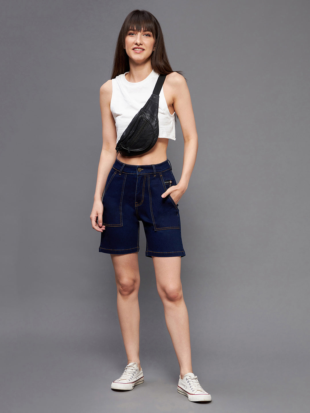 Women's Navy Blue Regular High-Rise Clean-Look Above Knee Stretchable Denim Shorts