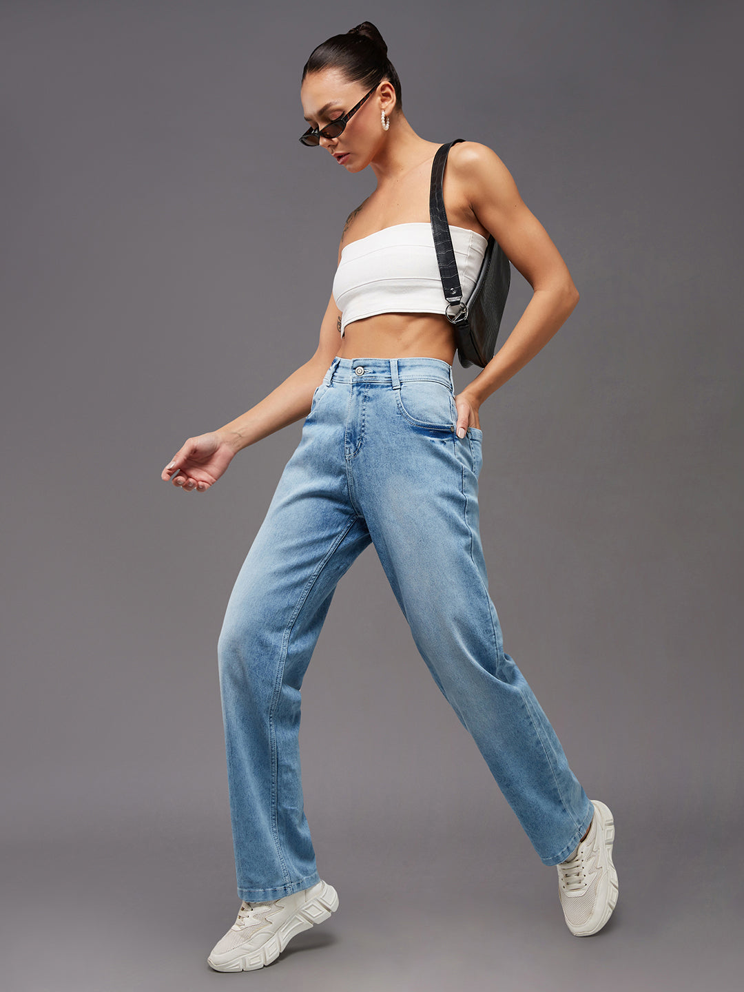 Women's Light Blue Wide-Leg Fit High Rise Clean Look Regular Length Stretchable Denim Jeans
