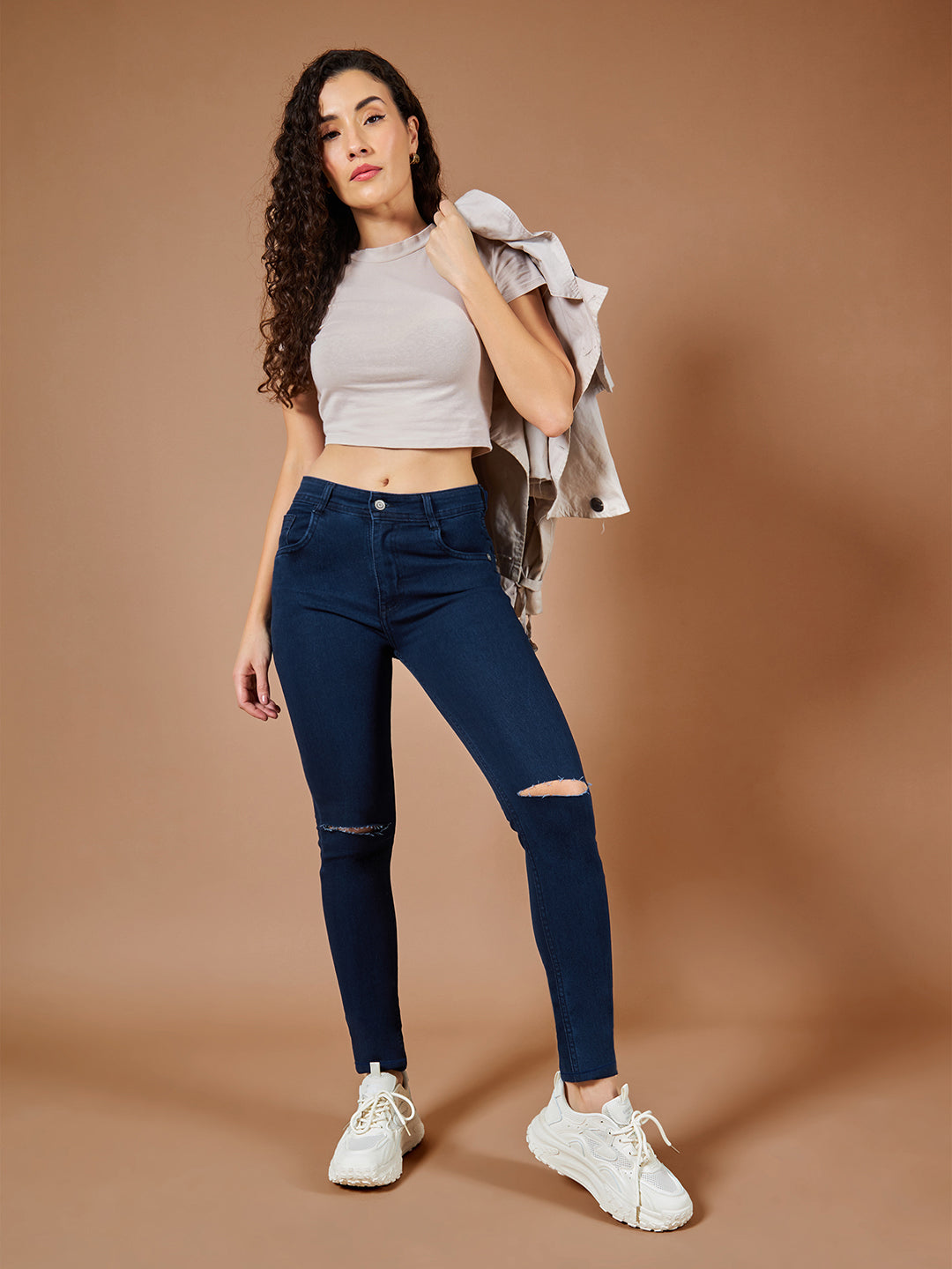 24/7 Comfort Navy-Blue Skinny-Fit High-Rise Knee-Slit Stretchable Denim Jeans