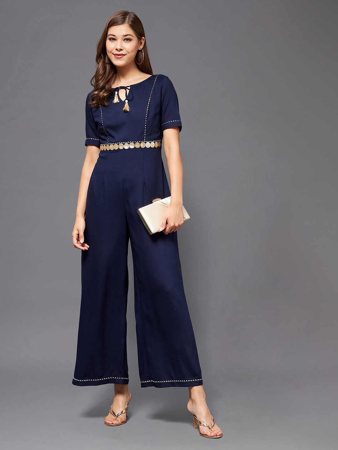 Women's Navy Blue Round Neck Half Sleeve Viscose Rayon Embellished Straight Leg Regular Jumpsuit
