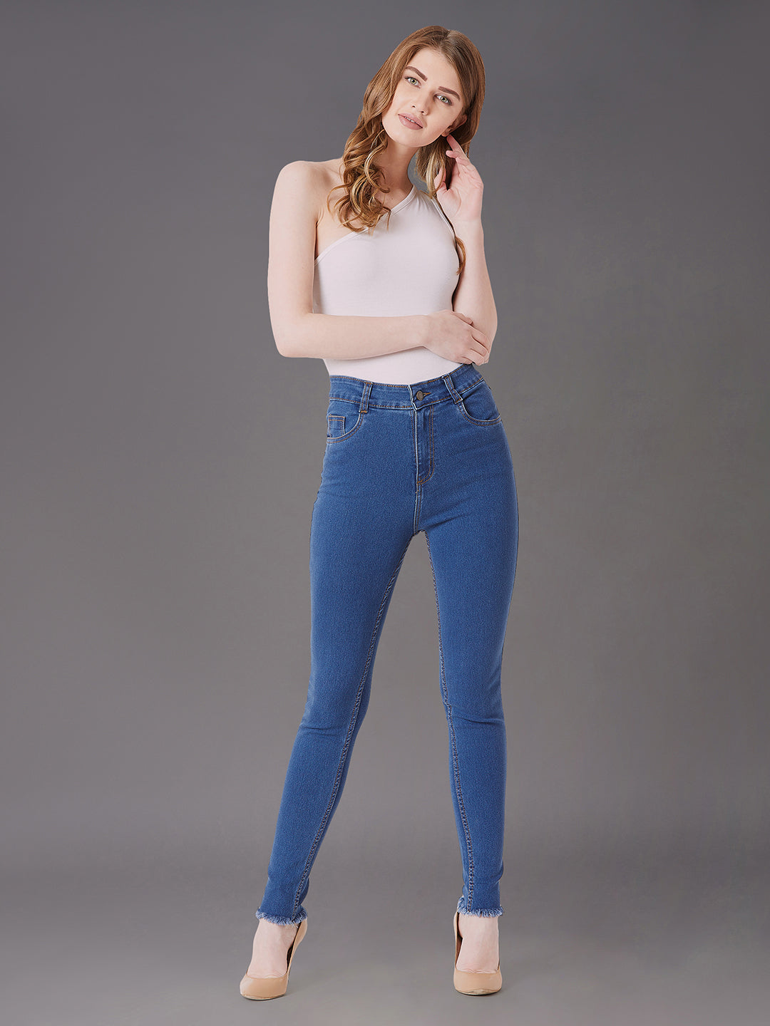 Women's Blue Skinny High-Rise Cropped-Length Fringe Detailing Stretchable Denim Jeans