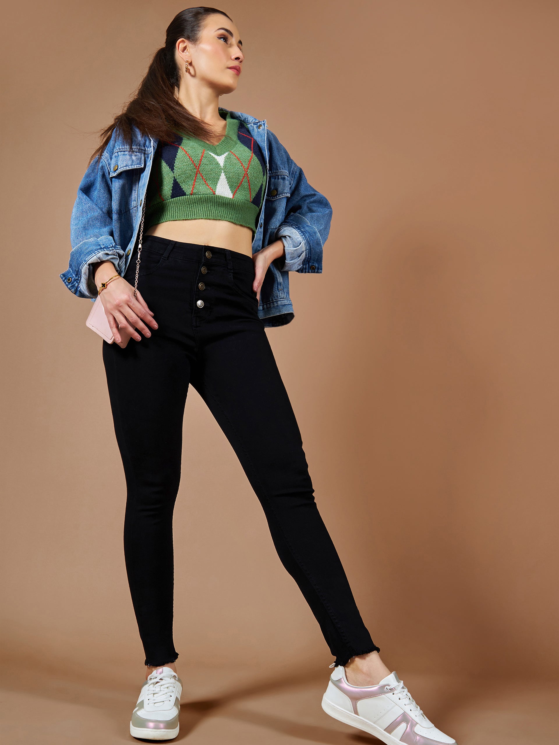 24/7 Comfort Black Skinny High-Rise Cropped Fringed Hemline Solid Stretchable Denim Jeans