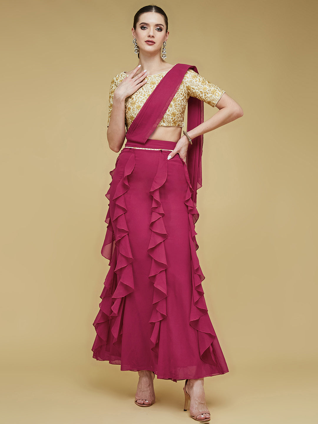 Women's Dark Pink Embroidered Boat Neck Half Sleeves Front Pocketed Frilled Maxi Co-Ord Set