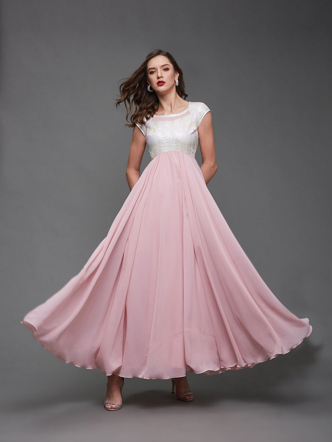Dusty Pink Cap Sleeves Fit and Flare Maxi Dress Long Dress Frock for Women