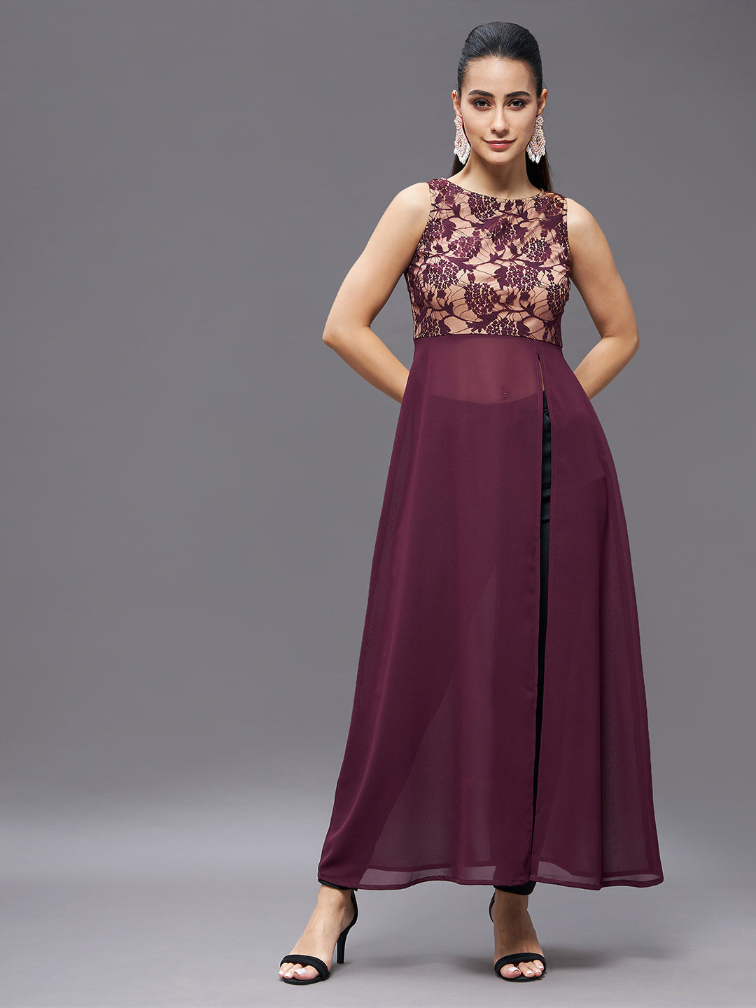 Women's Wine Boat Neck Sleeveless Self Design Lace Overlaid Polyester Maxi Top