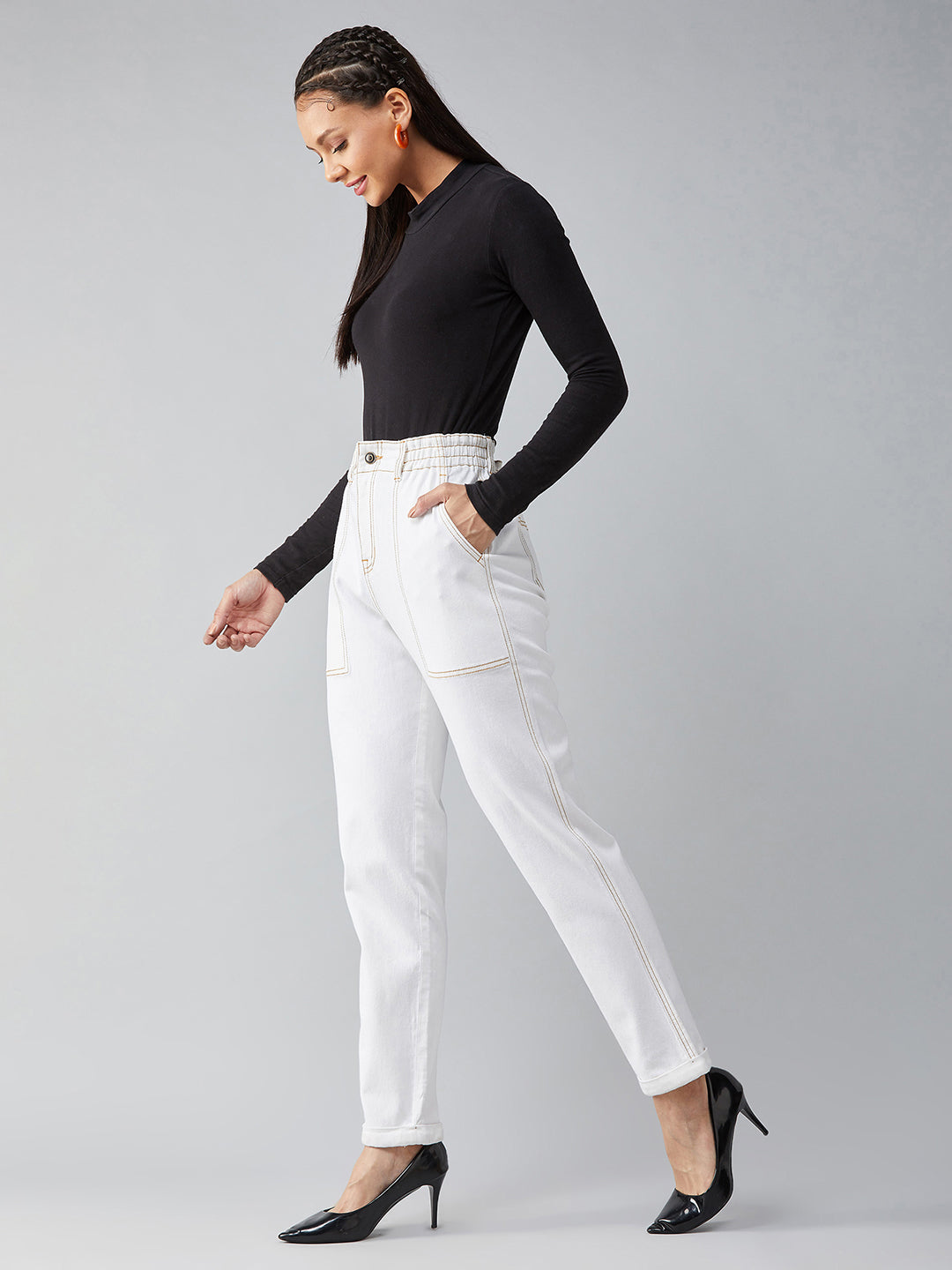 Women's White Mom's Jean High-Rise Stretchable Denim Jeans