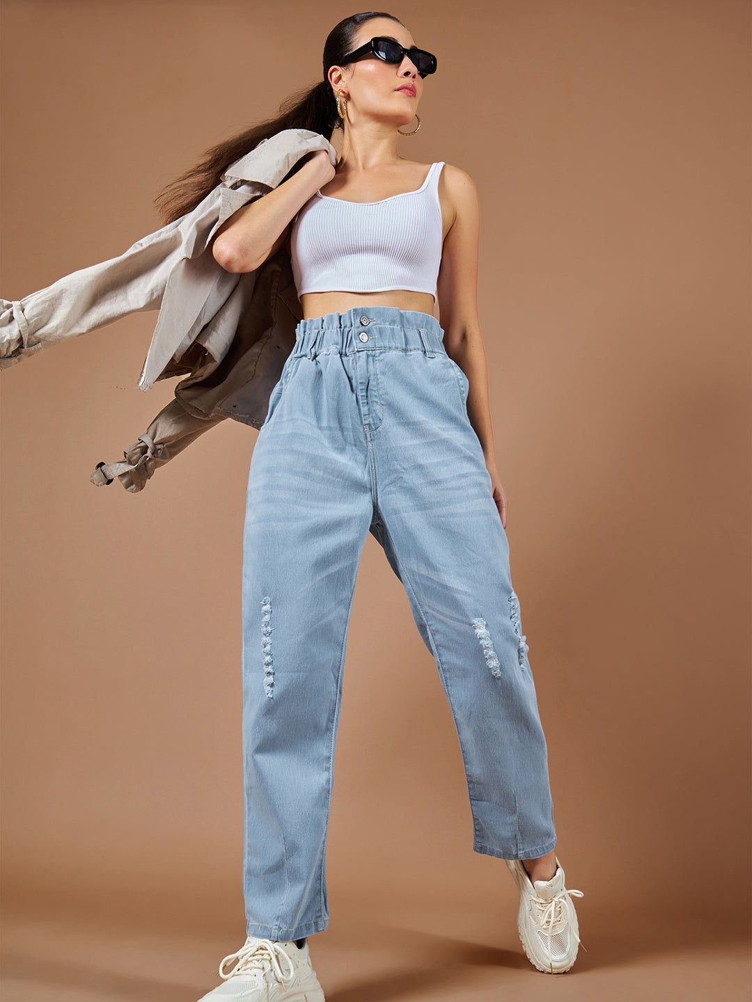 24/7 Comfort Light Blue Moms Jean High-Rise Mild Distress Stretchable Denim Jeans