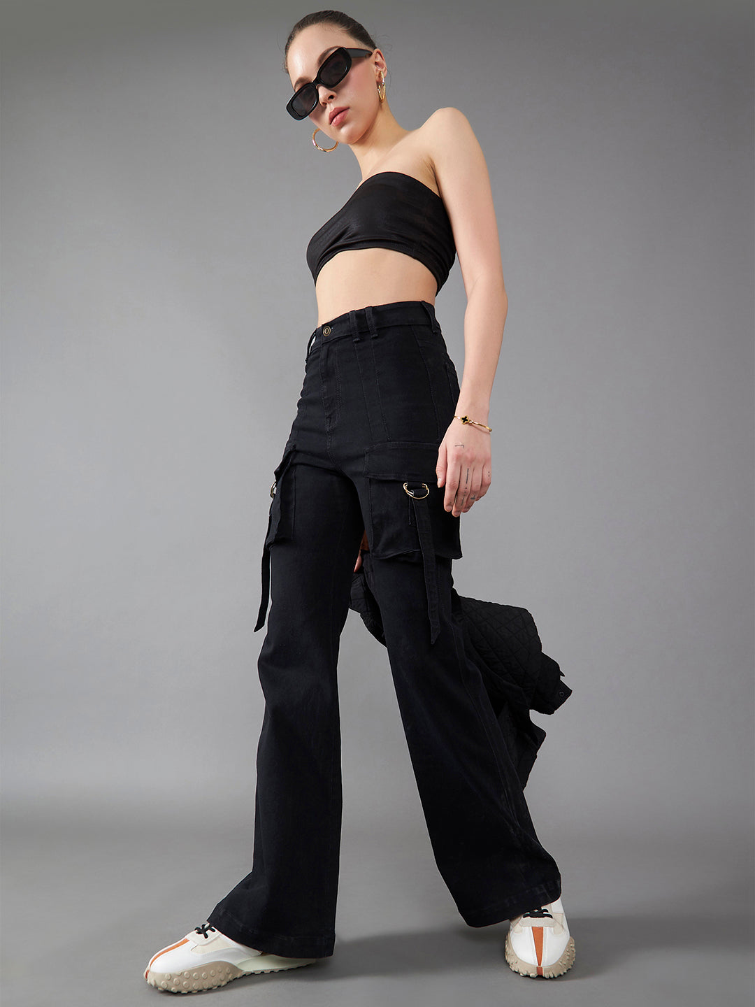 Women's Black Bootcut High-Rise Clean-Look Regular-Length Stretchable Denim Jeans