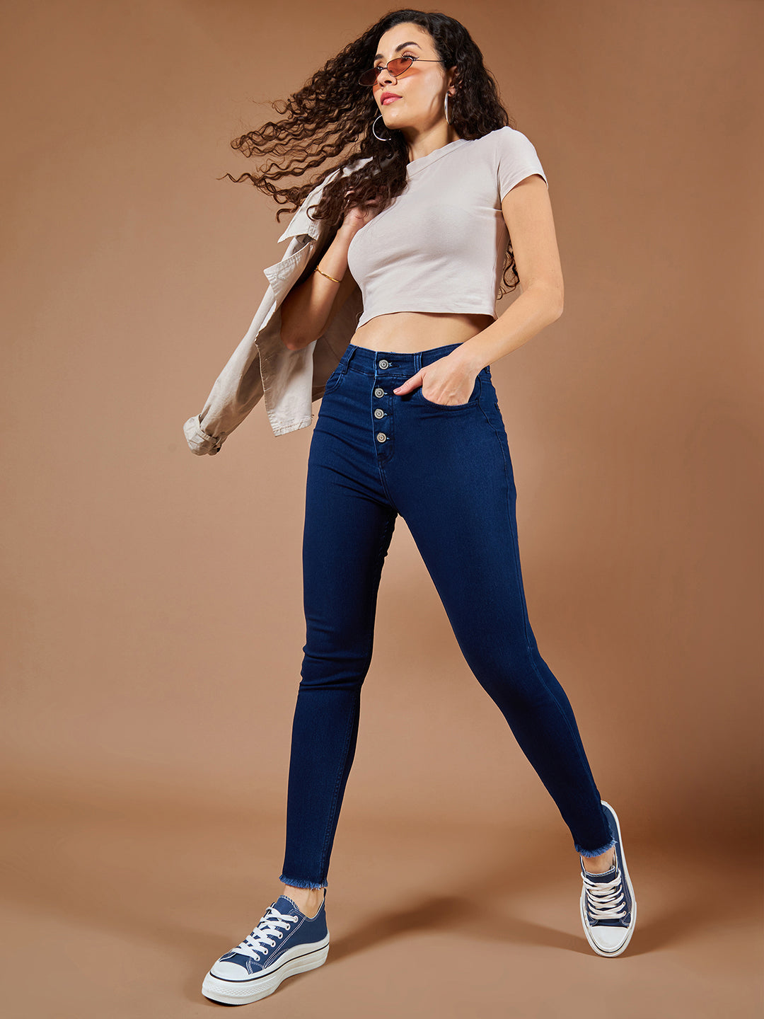 24/7 Comfort Navy-Blue Skinny High-Rise Fringed Hemline Cropped Stretchable Denim Jeans