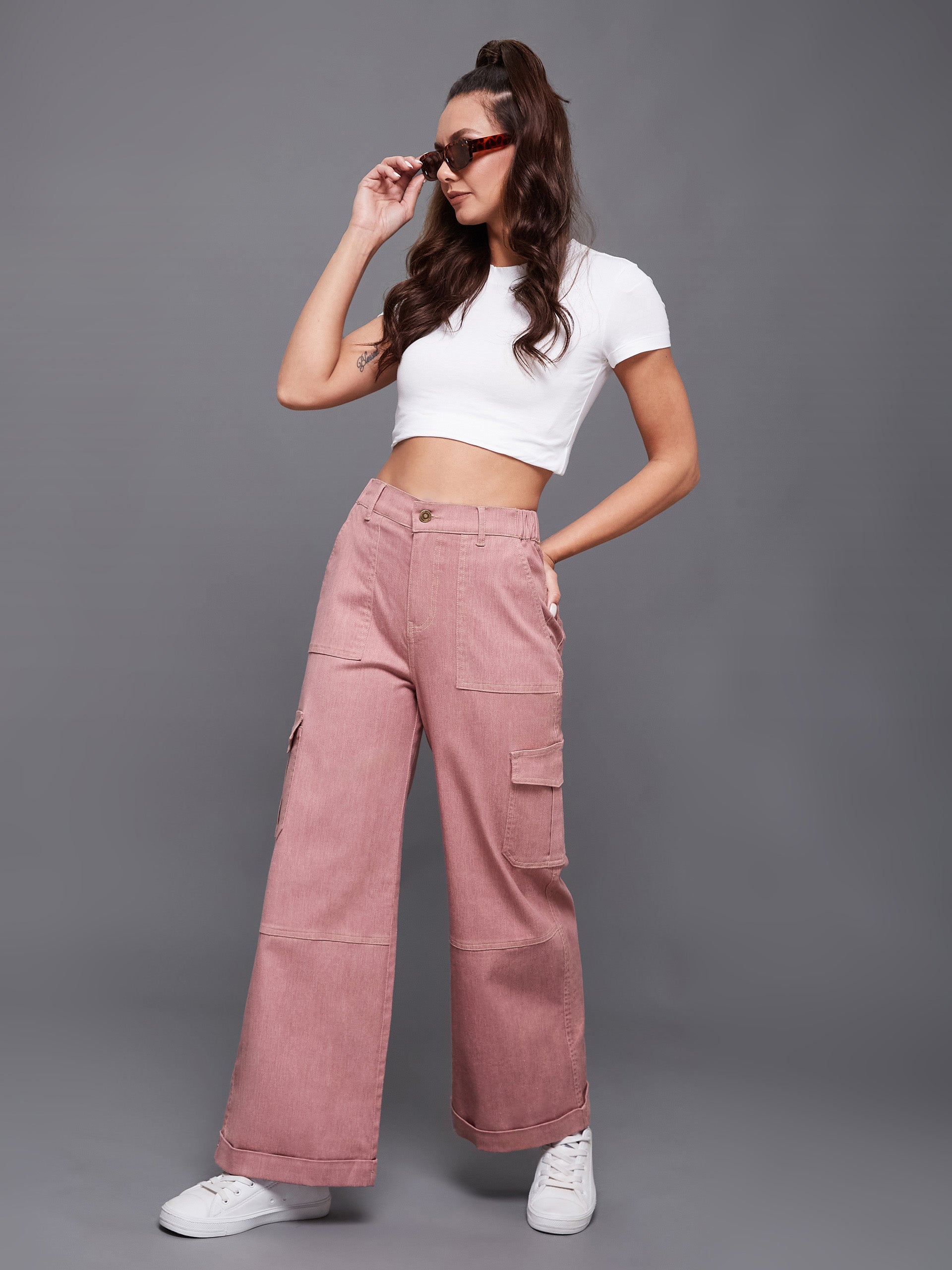 Women's Rose Pink Wide-Leg High-Rise Clean-Look Regular-Length Stretchable Denim Pants