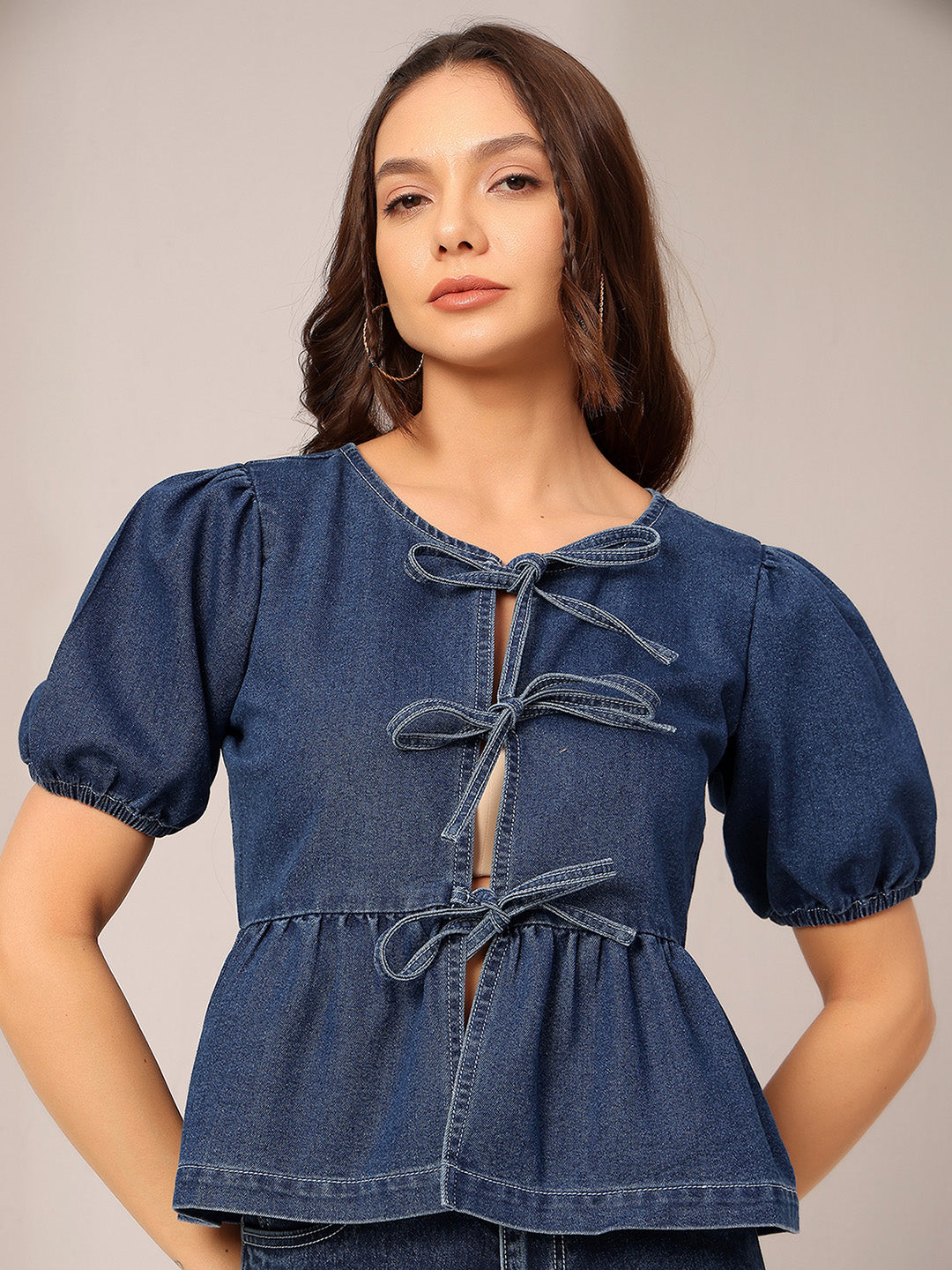 Women's Dark Blue Round Neck Puff Sleeve Solid Denim Peplum Top