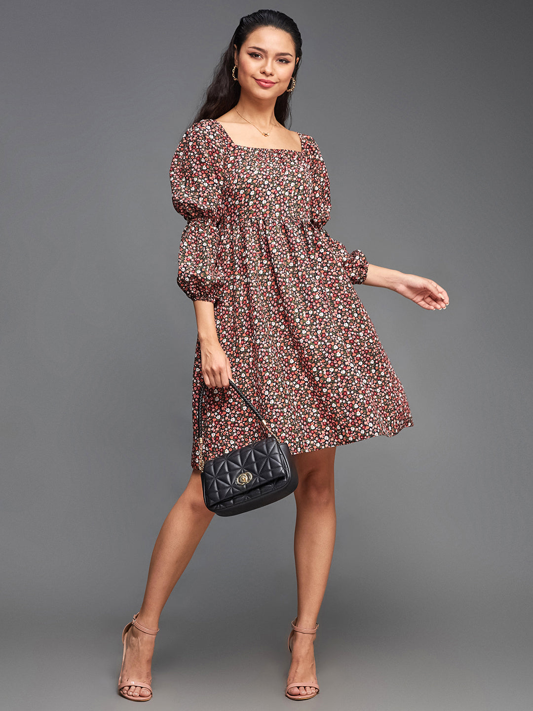 Women's Multicolored-Base-Black Square Bishop Sleeve Viscose Rayon Floral Gathered Above Knee Dress