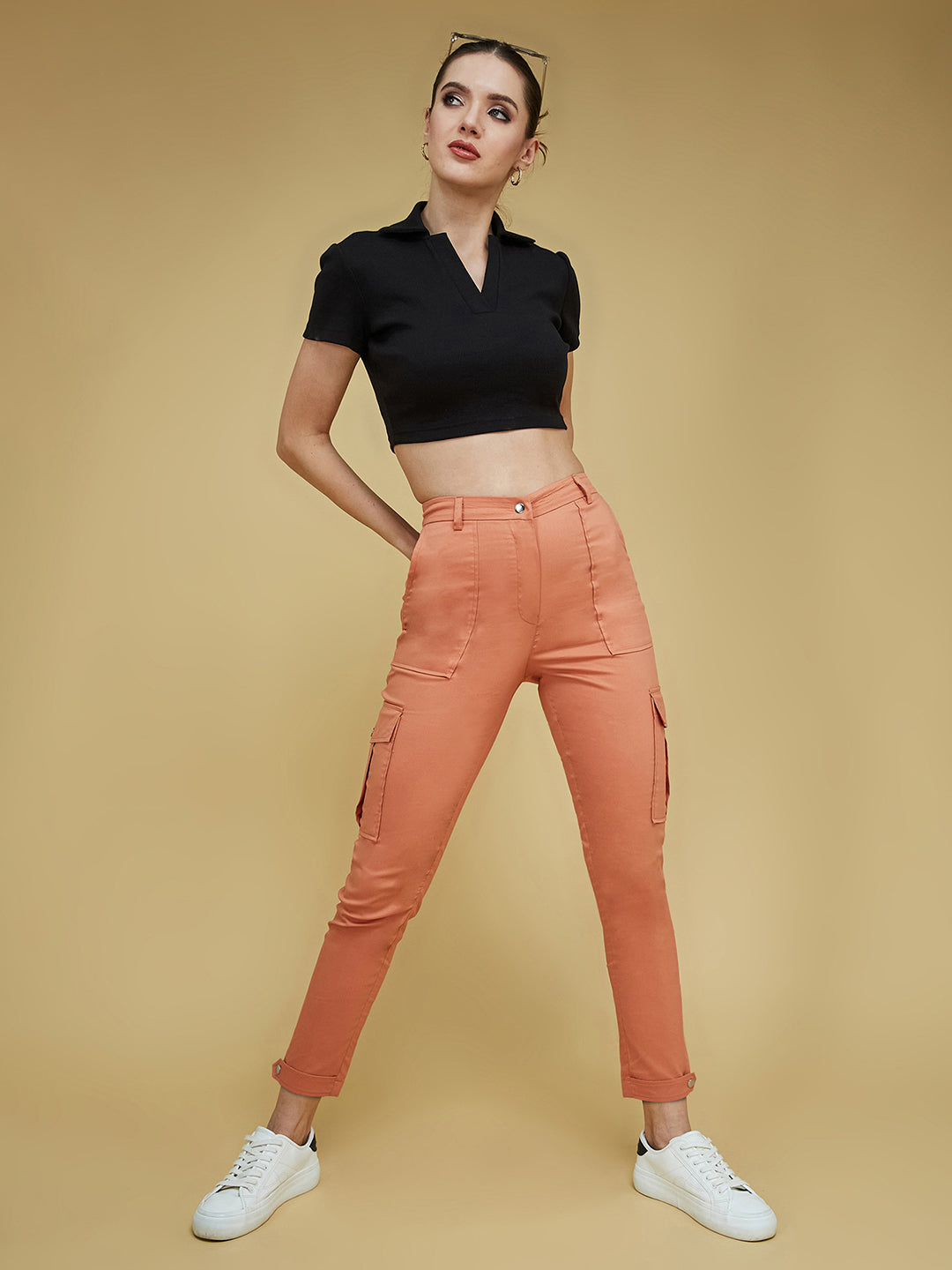 Women's Dusty Orange Solid Polyester High-Waist Regular Length Trousers